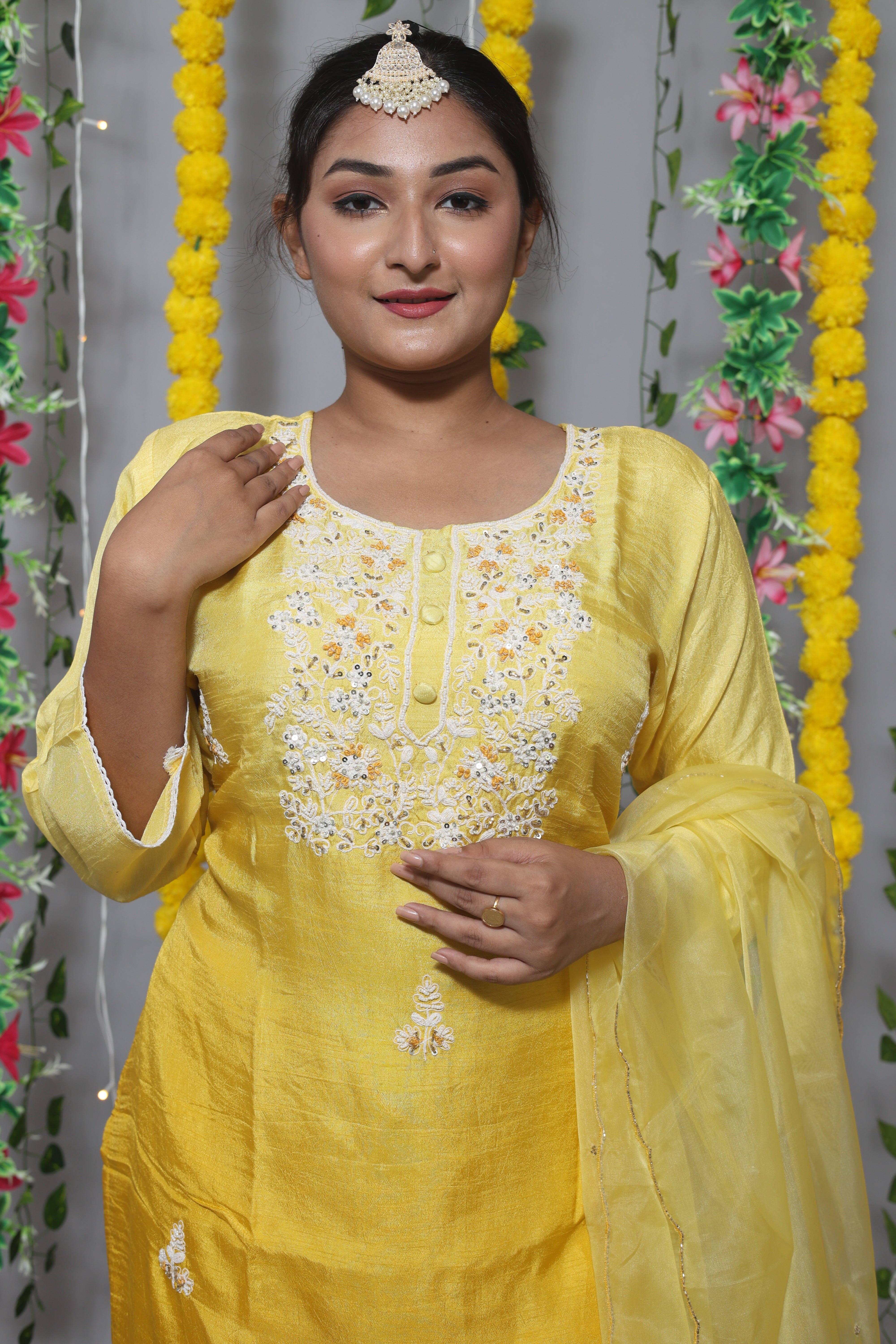 Yellow Handwork Dola Silk Suit Set