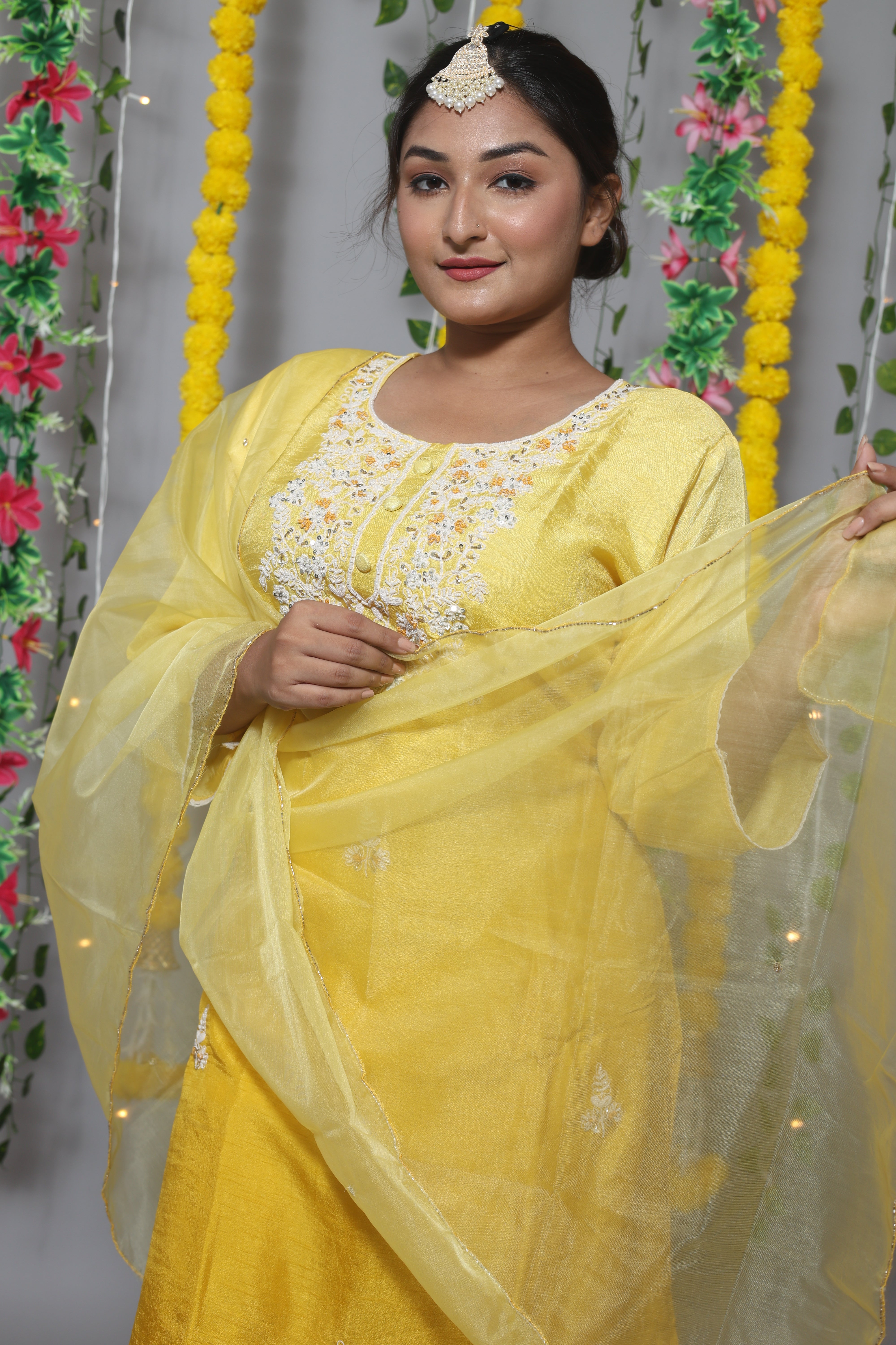 Yellow Handwork Dola Silk Suit Set