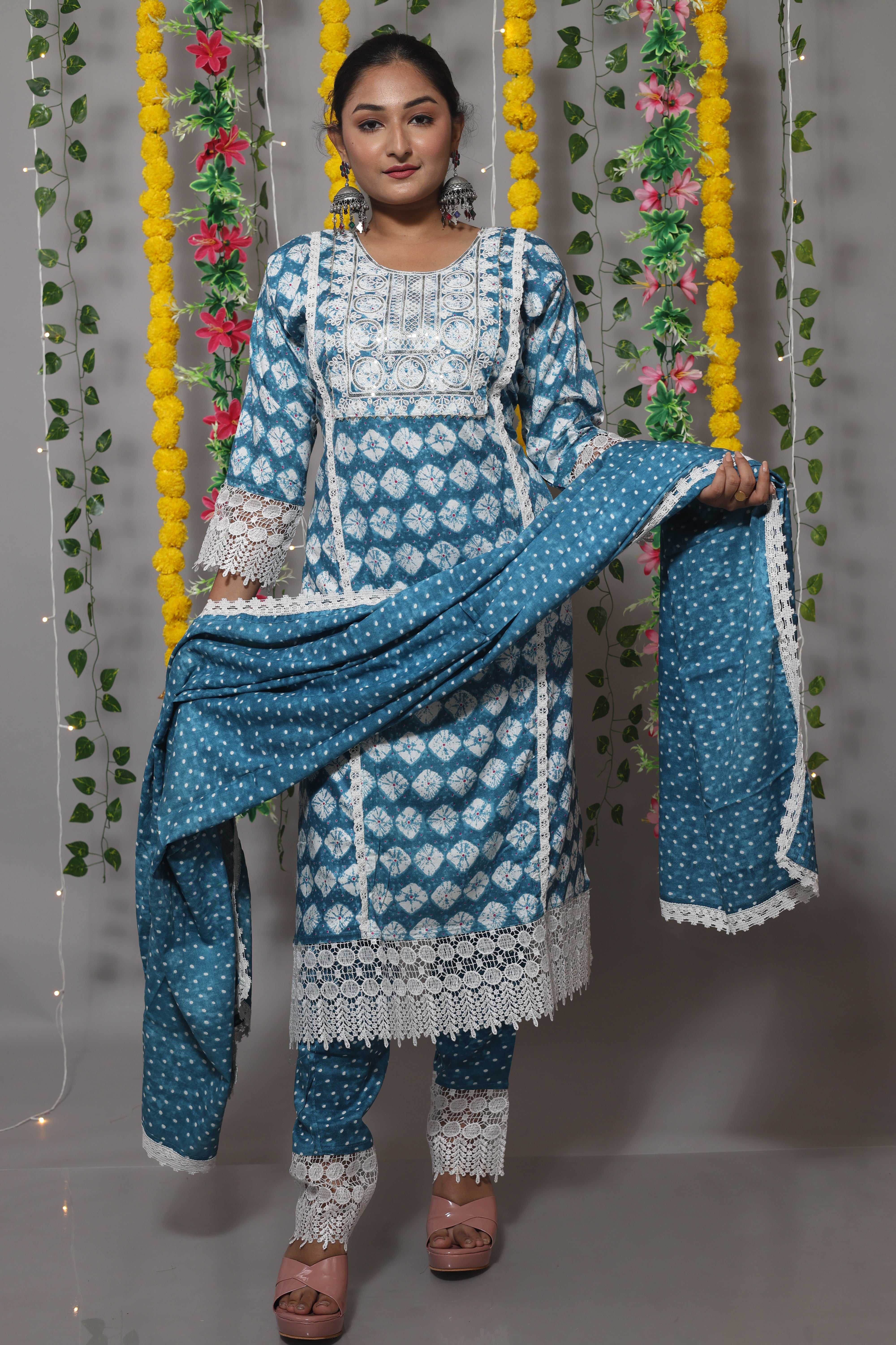 Floral Blue Cotton Suit Set