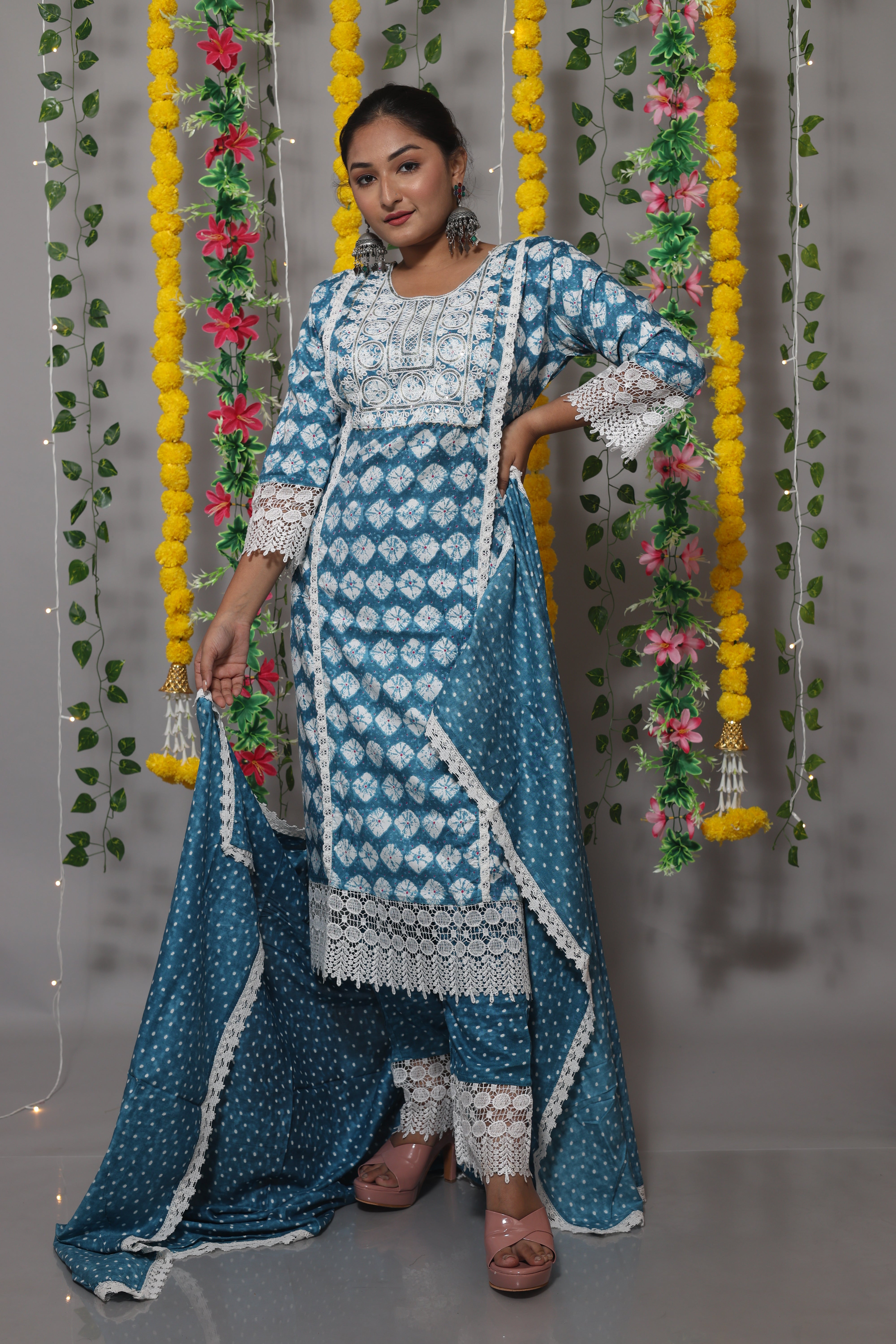 Floral Blue Cotton Suit Set