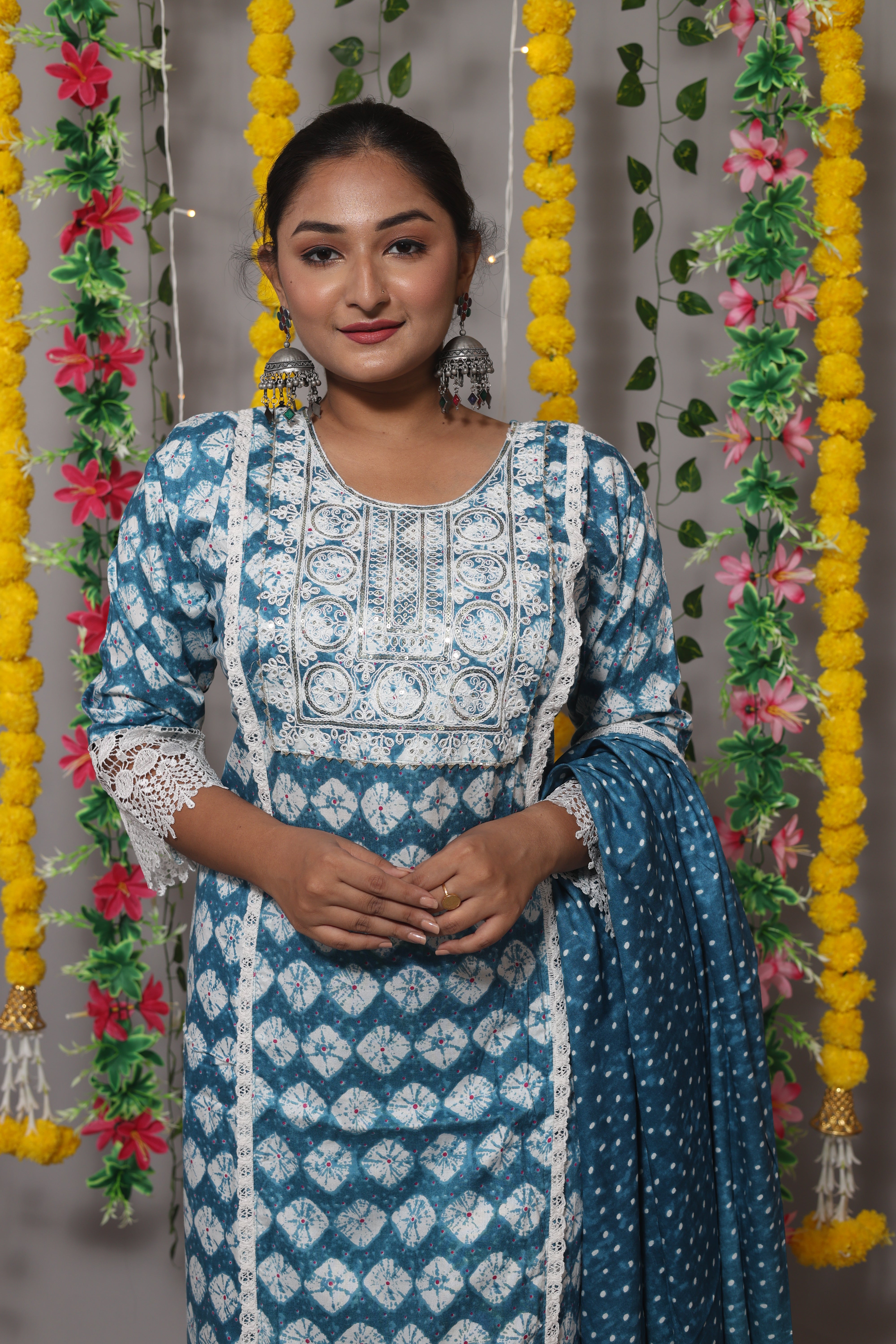 Floral Blue Cotton Suit Set