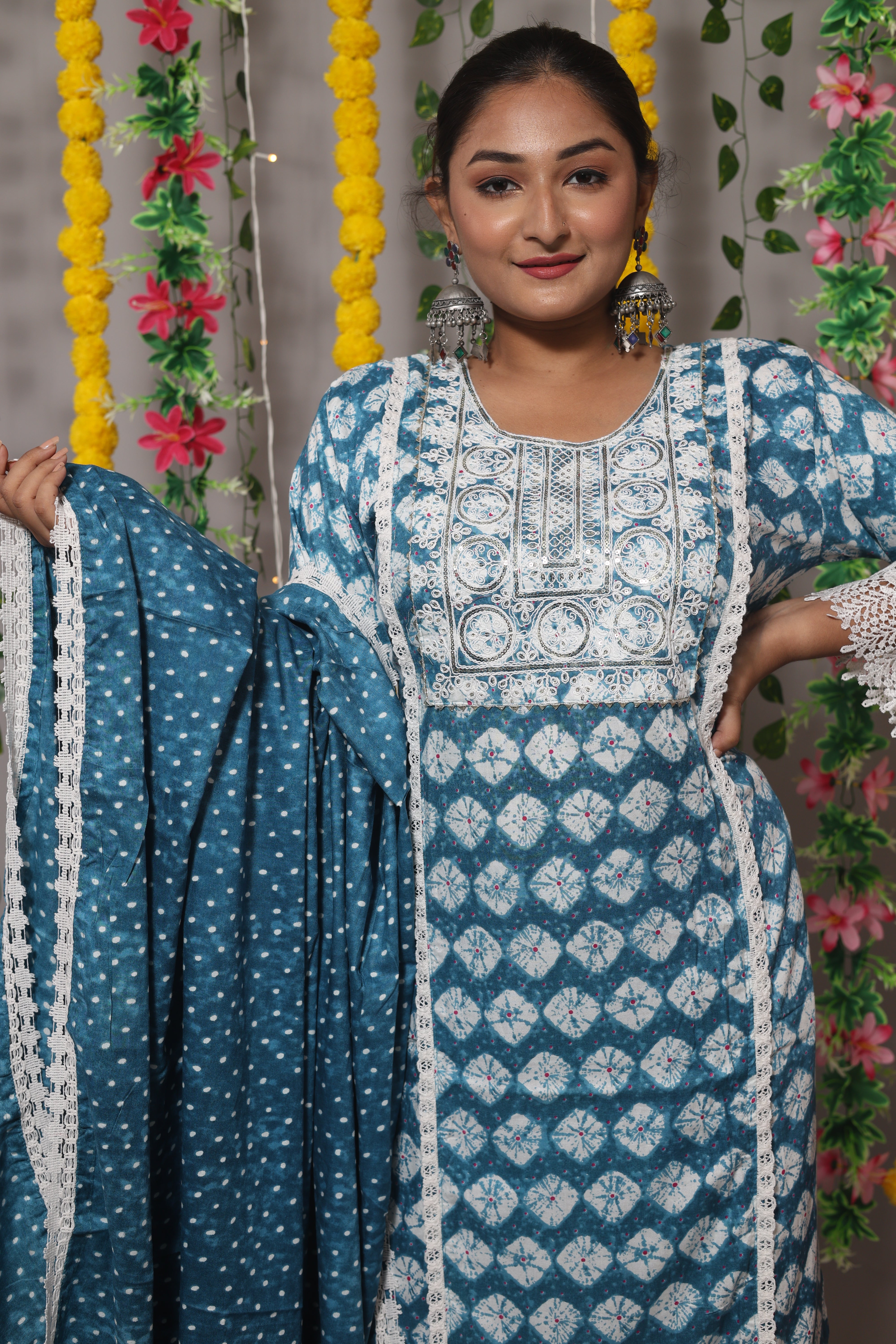 Floral Blue Cotton Suit Set