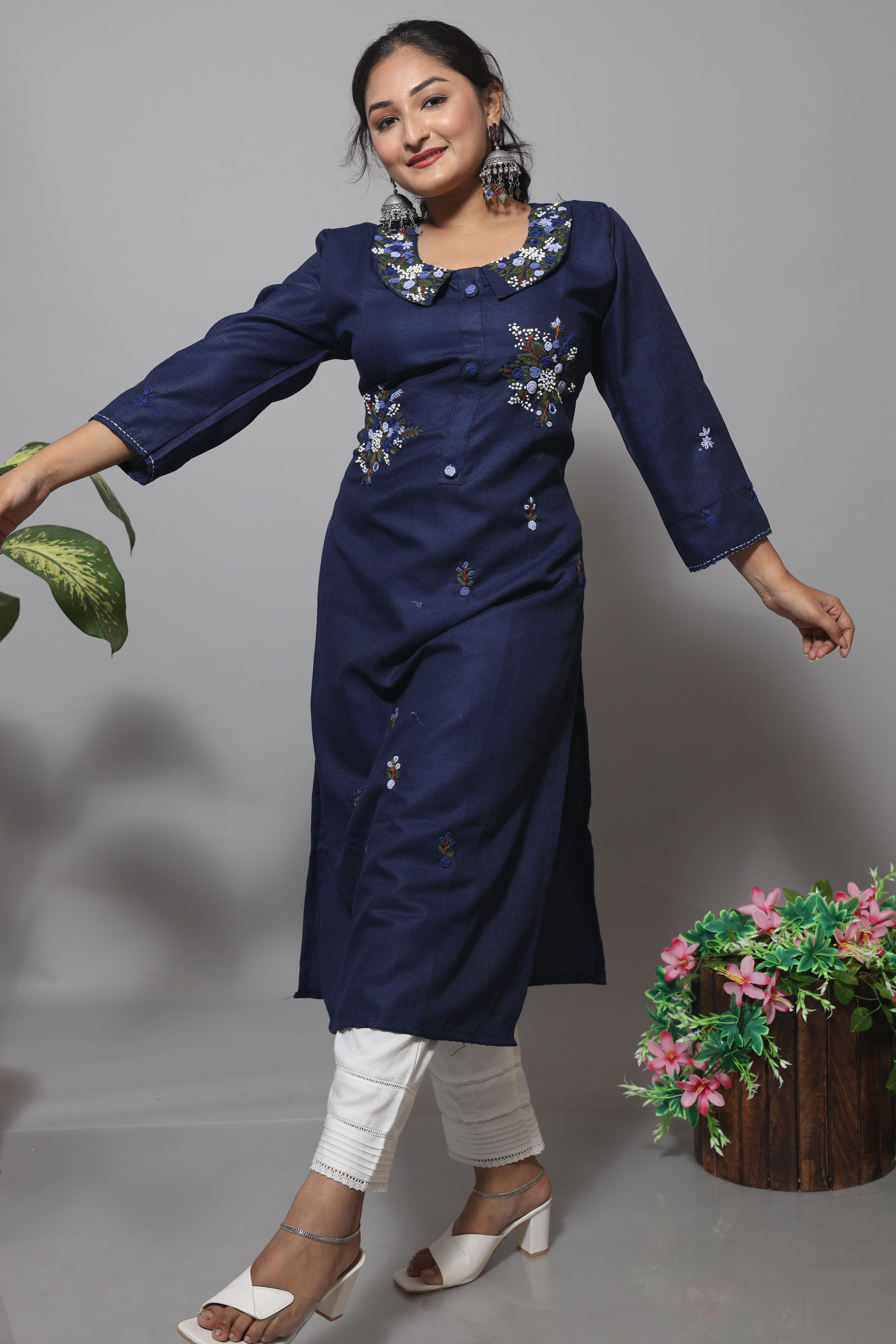 Midnight blue cotton kurta with intricate hand embroidery