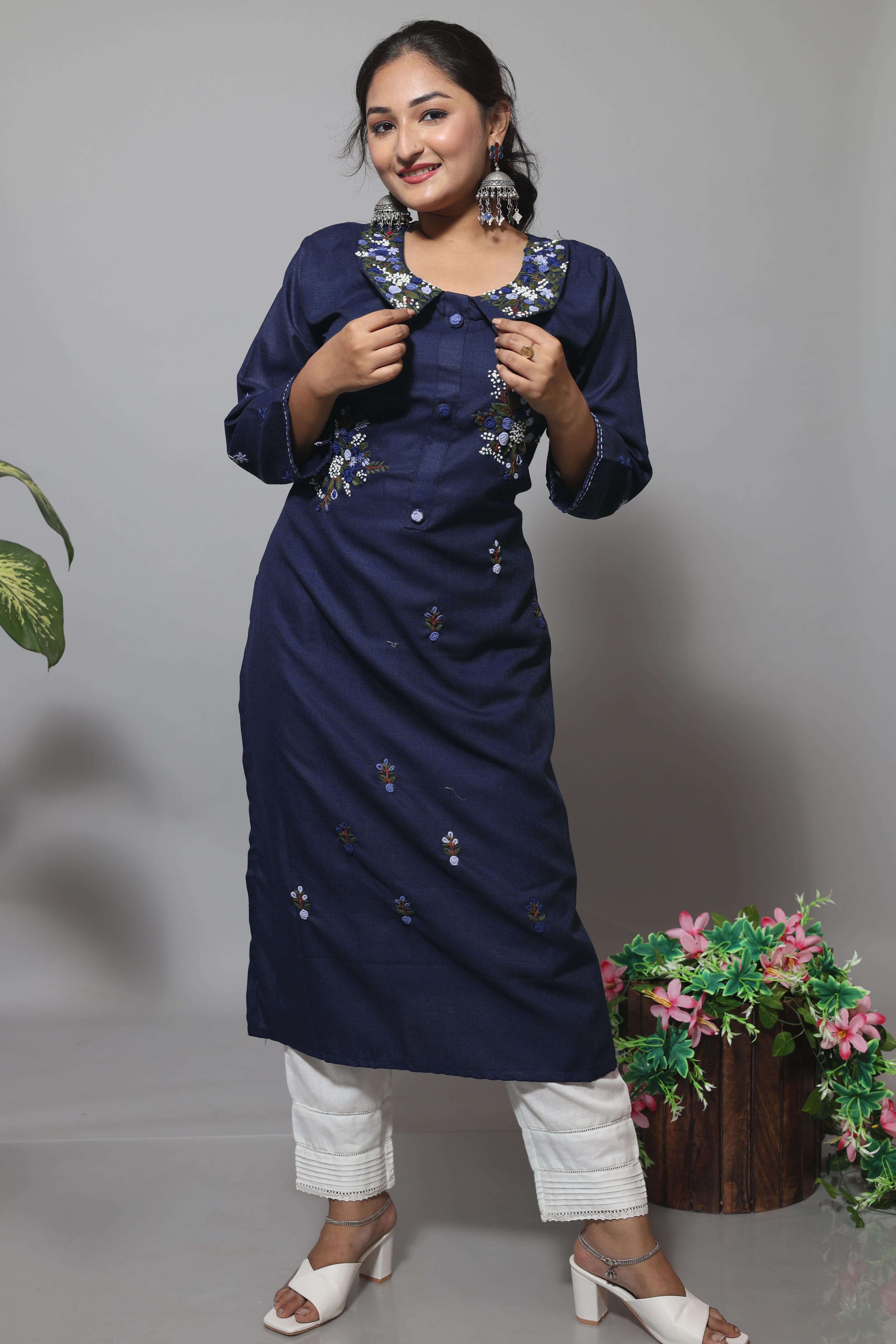 Mid Night Blue Color Cotton Hand Embroidery Kurta