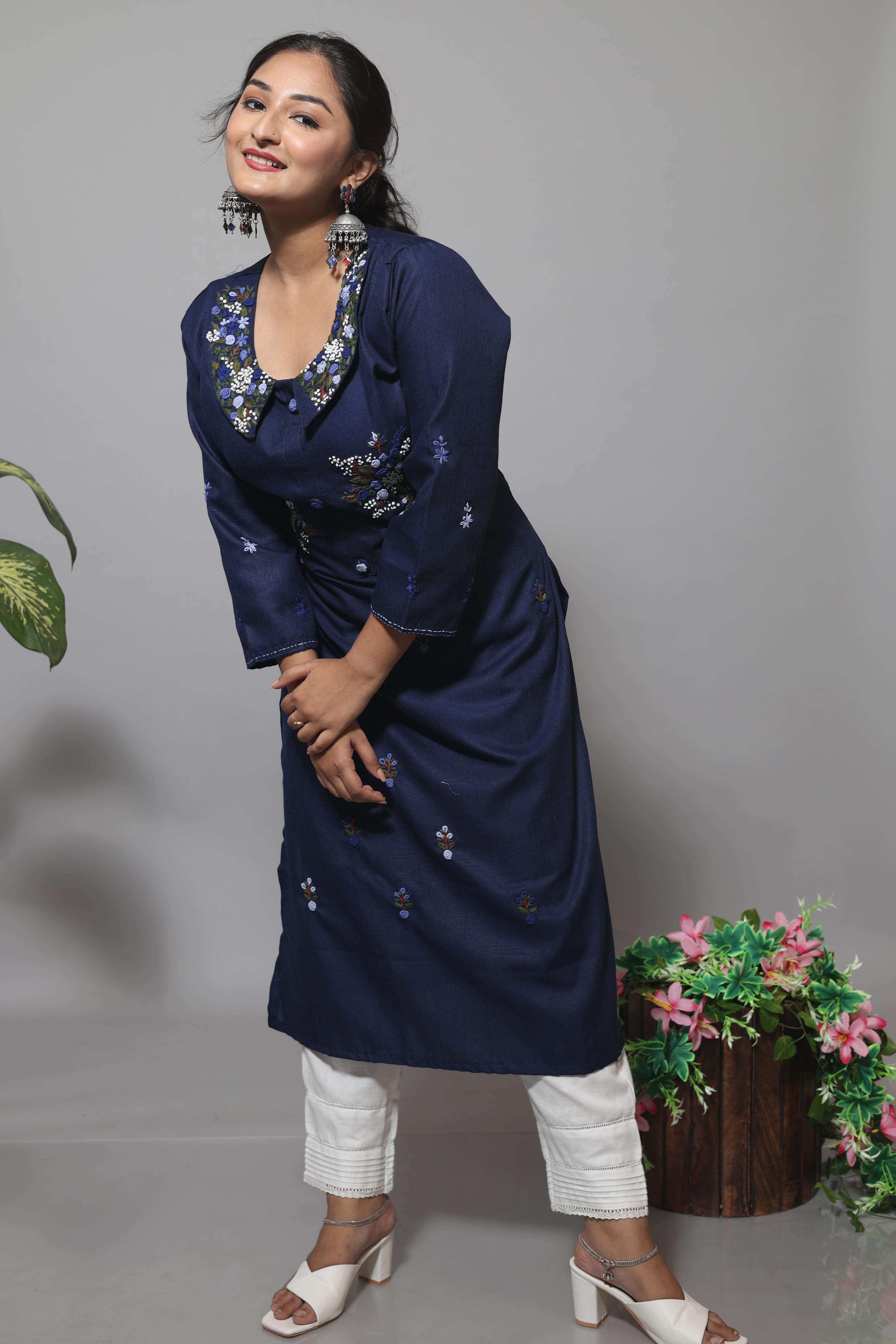 Mid Night Blue Color Cotton Hand Embroidery Kurta