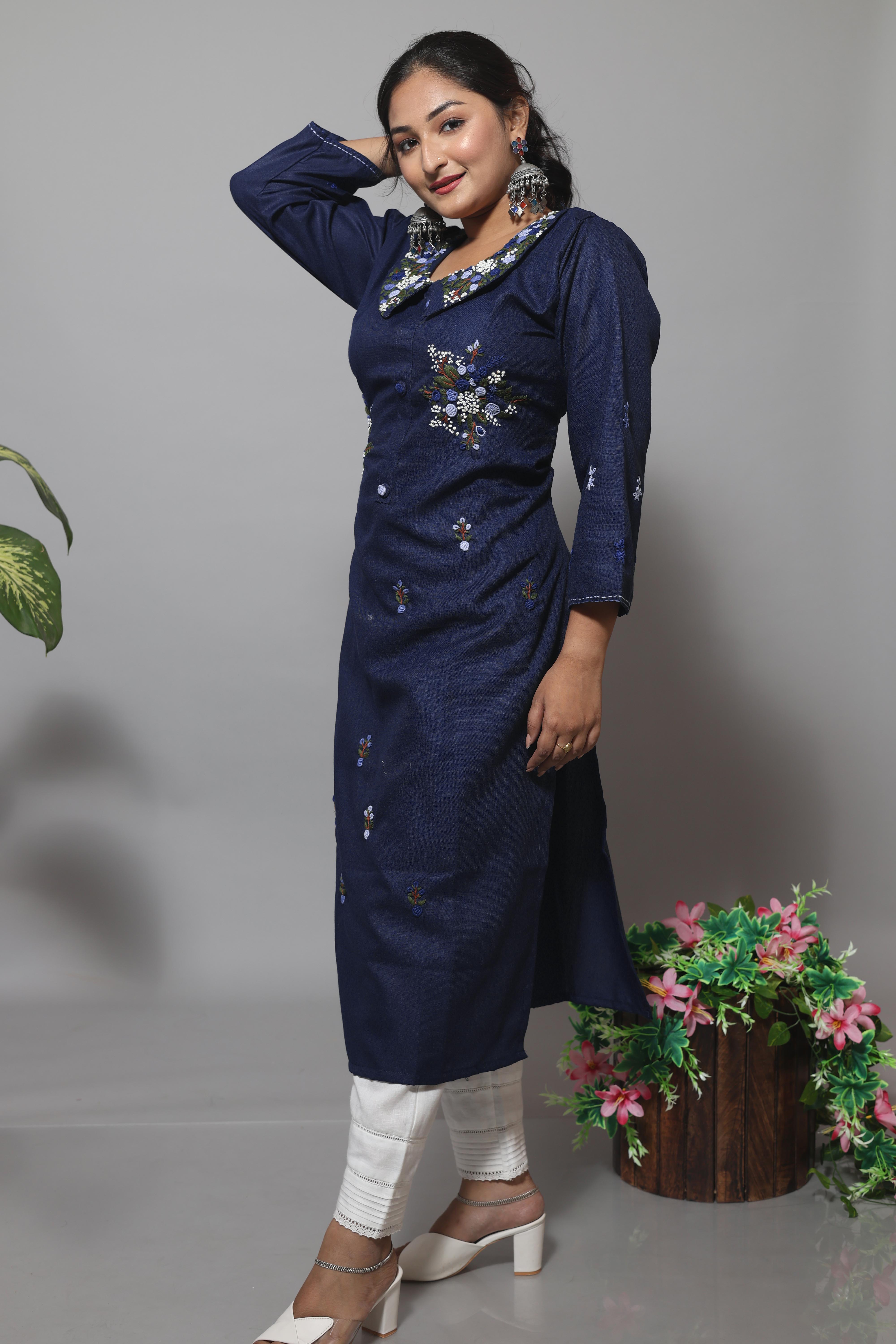 Mid Night Blue Color Cotton Hand Embroidery Kurta