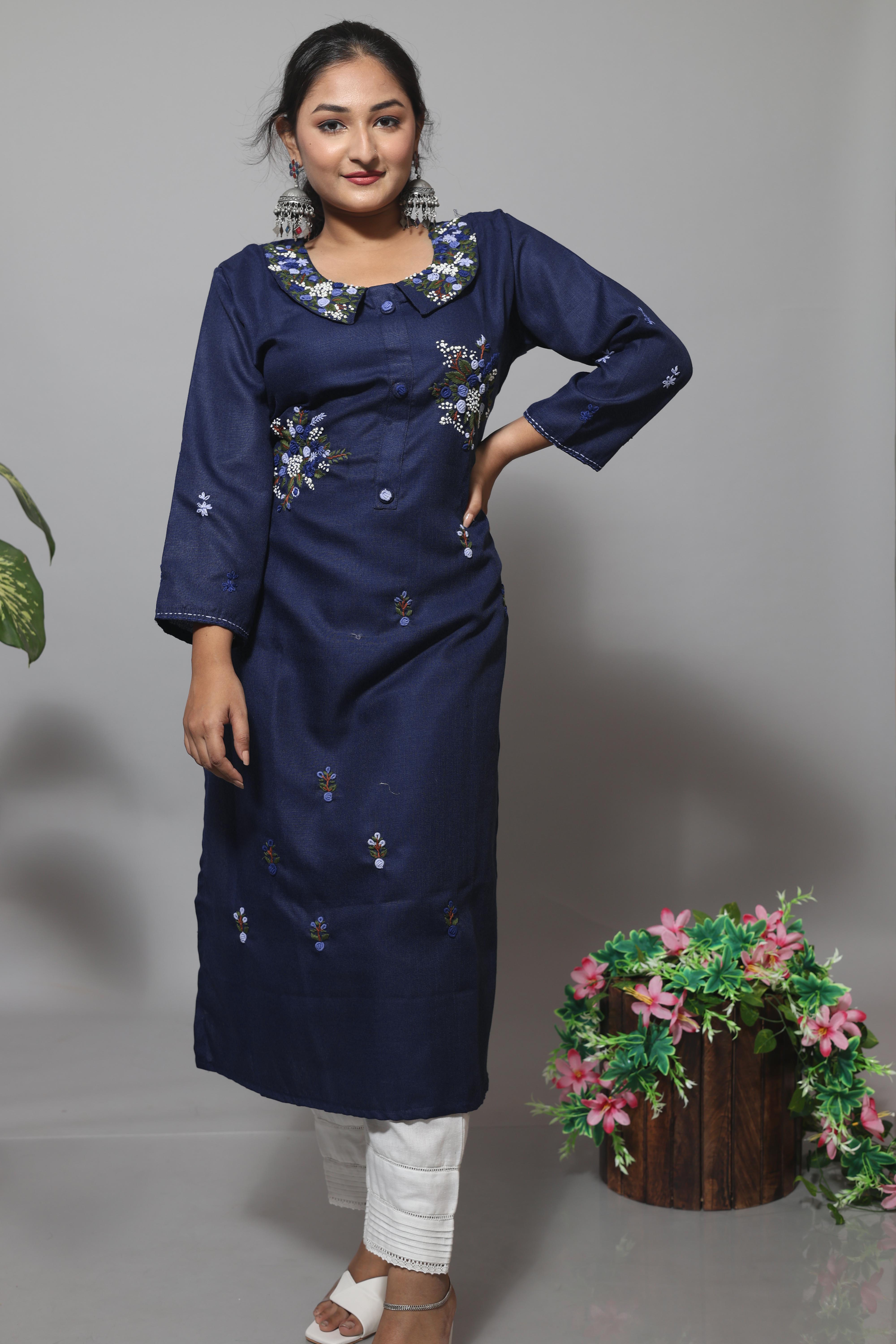 Mid Night Blue Color Cotton Hand Embroidery Kurta
