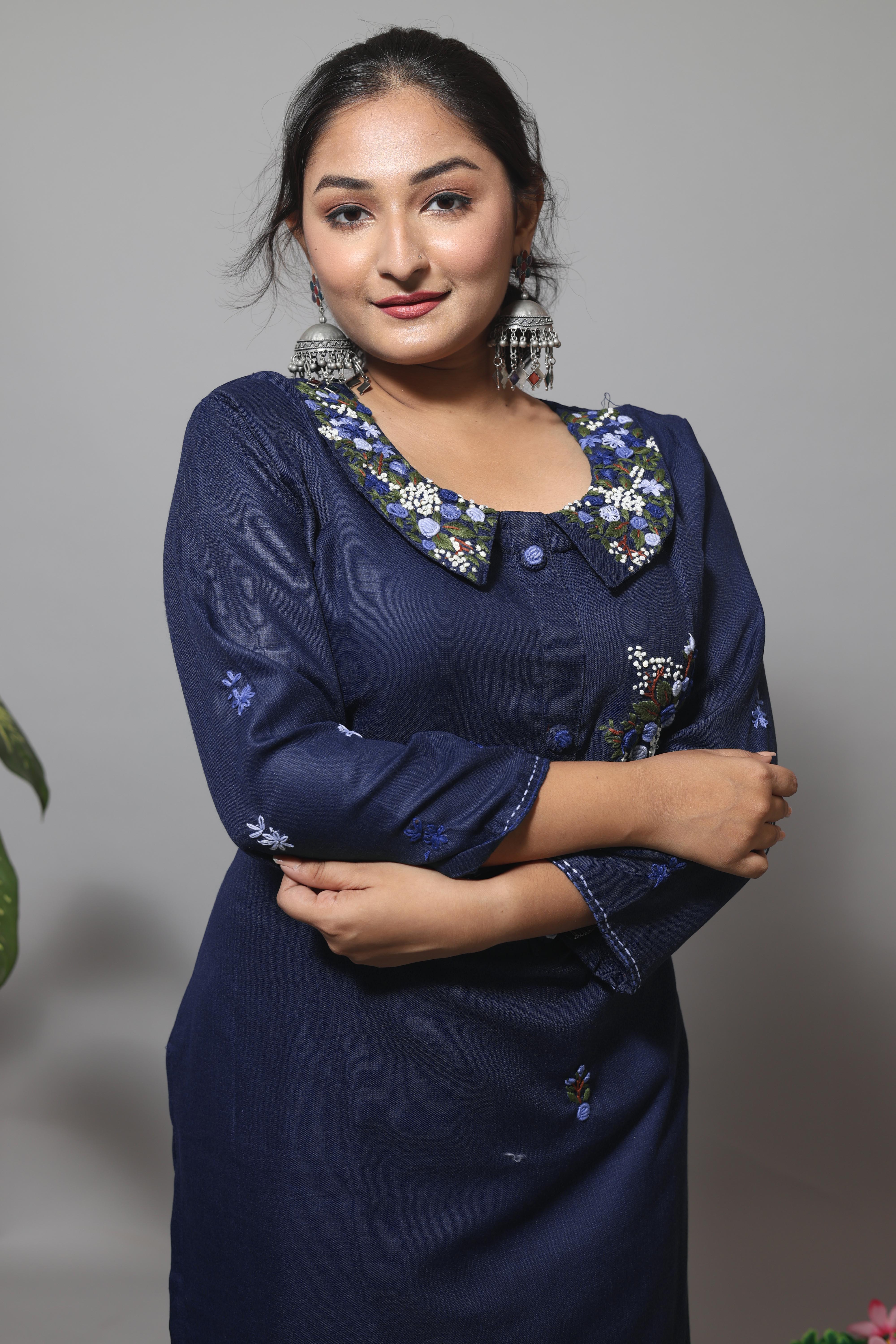Mid Night Blue Color Cotton Hand Embroidery Kurta