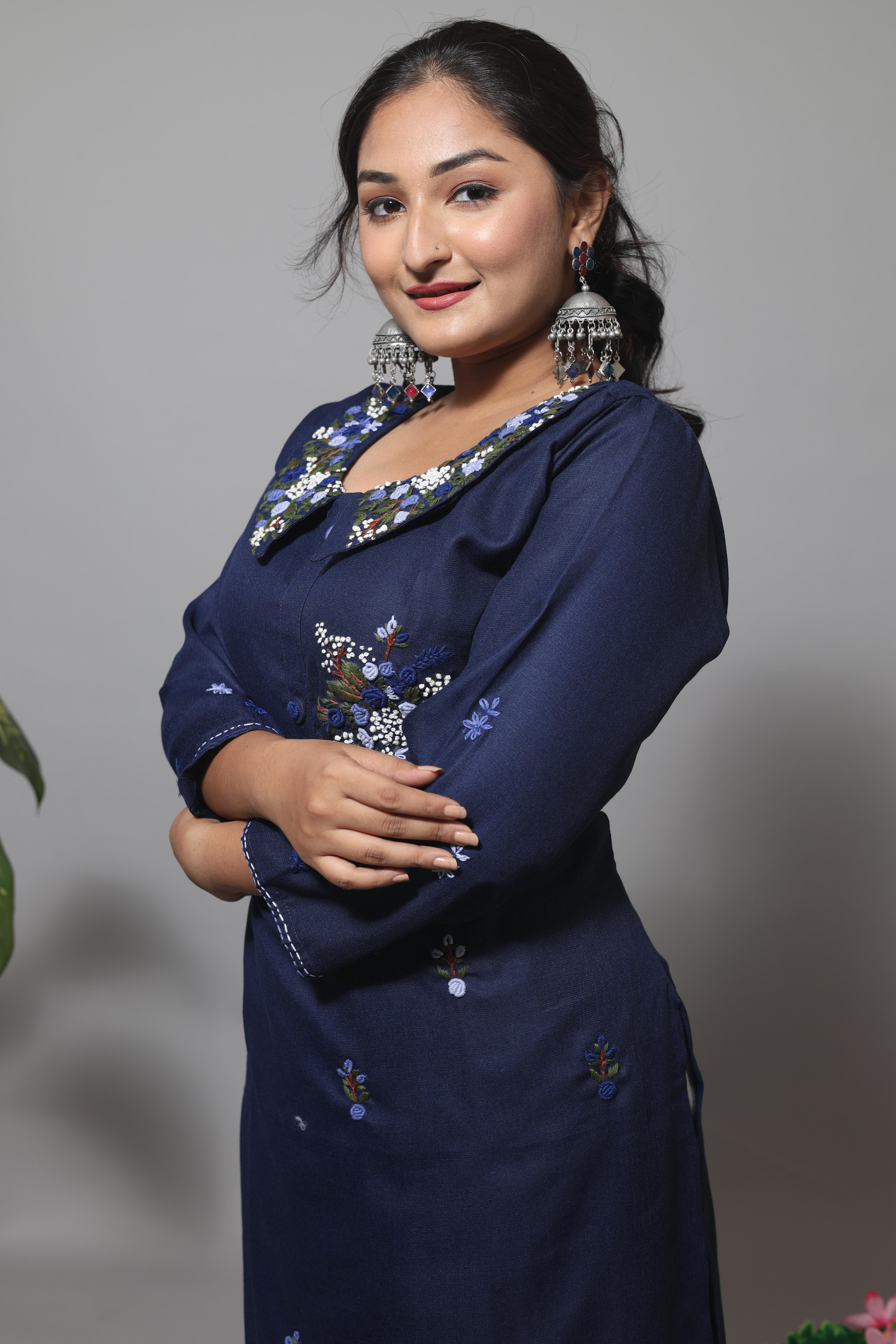 Mid Night Blue Color Cotton Hand Embroidery Kurta