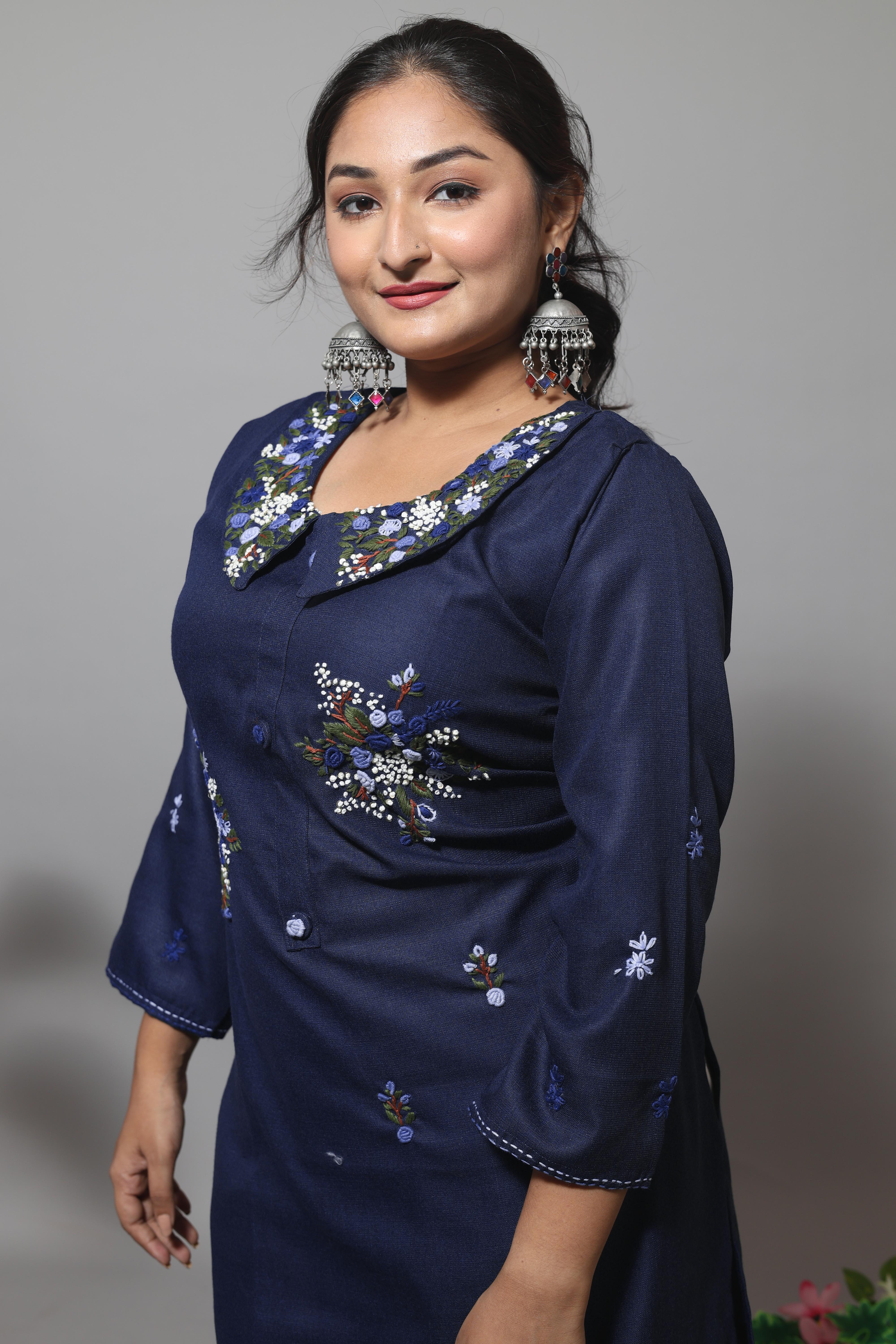 Mid Night Blue Color Cotton Hand Embroidery Kurta