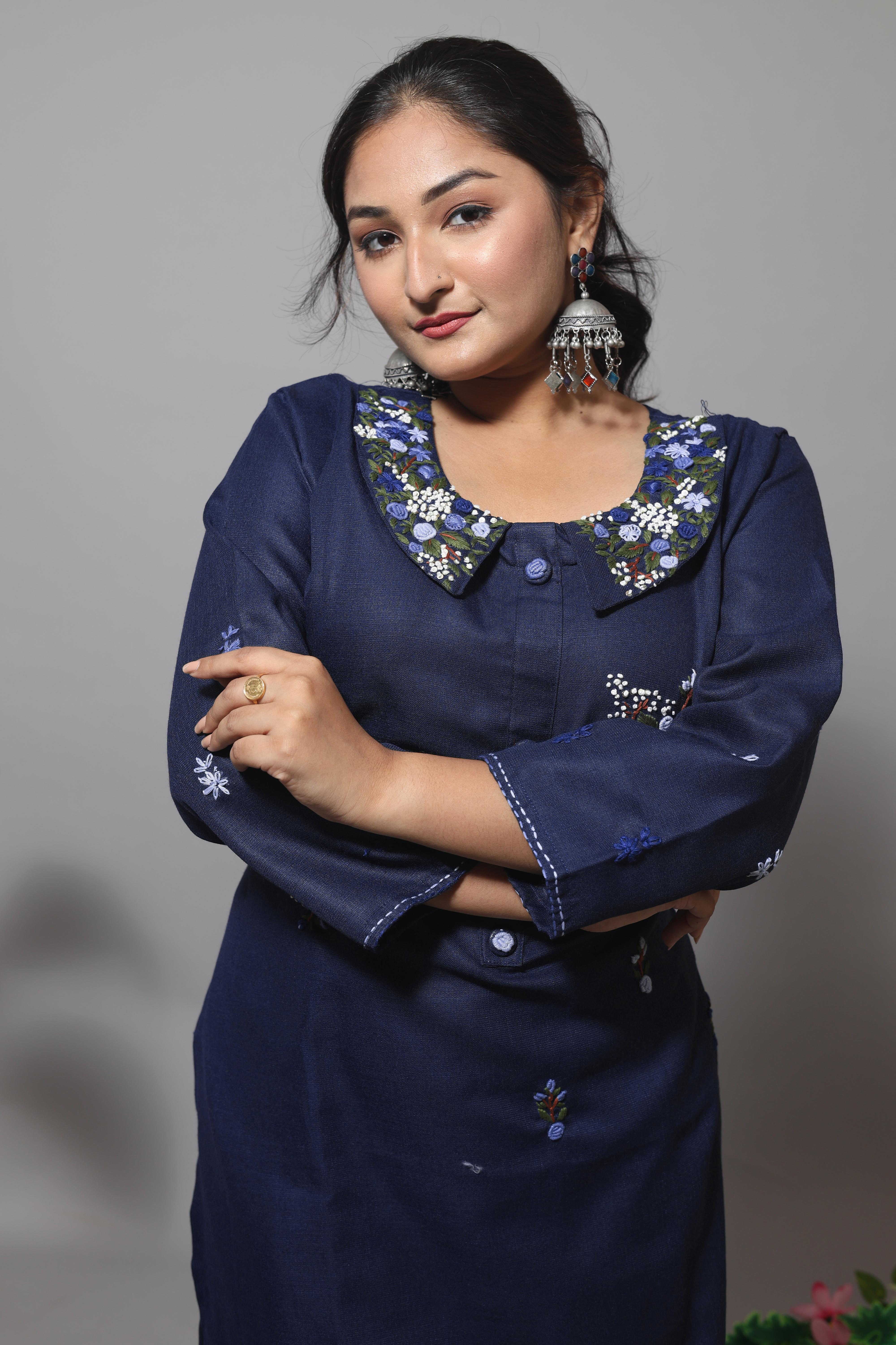 Mid Night Blue Color Cotton Hand Embroidery Kurta