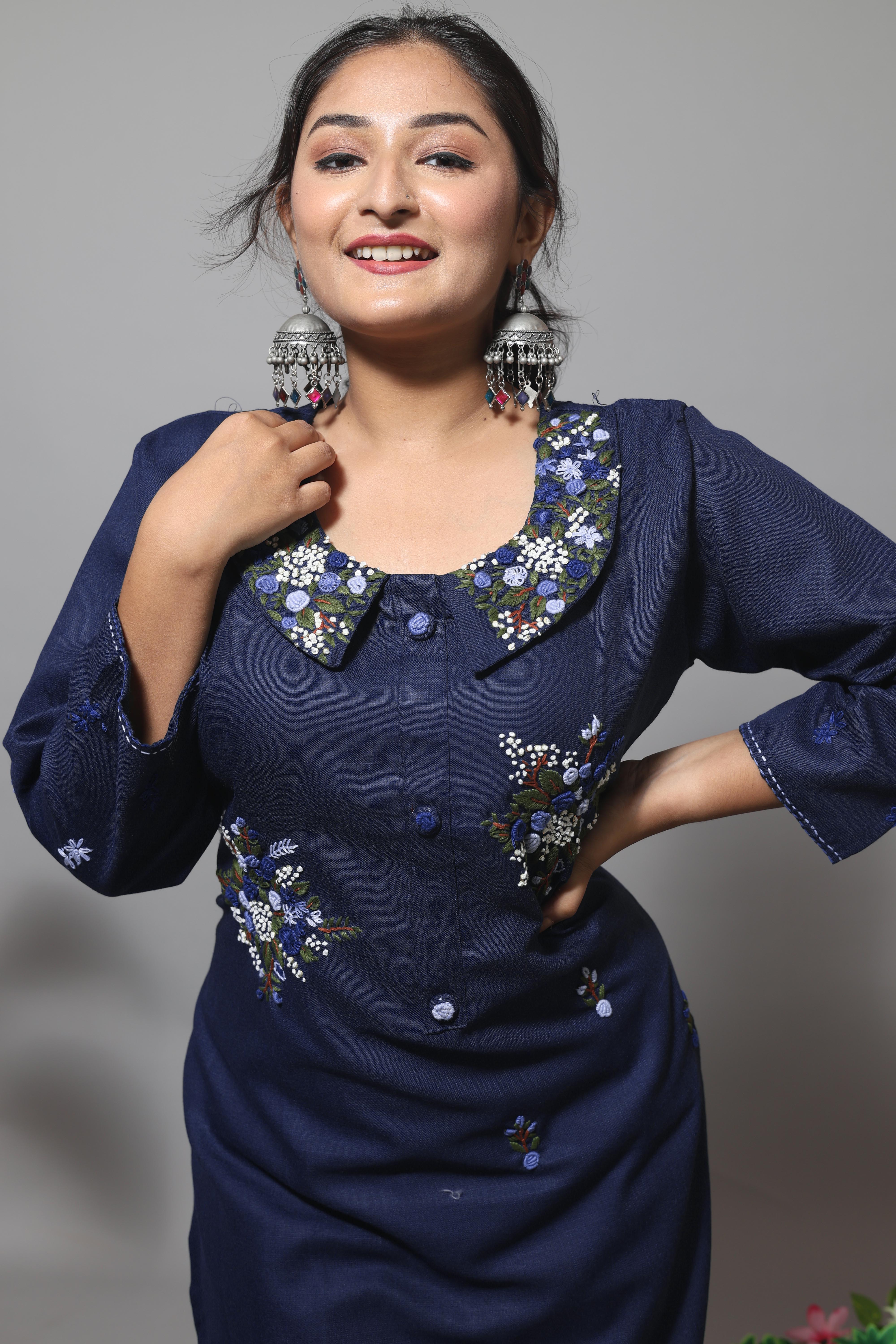 Mid Night Blue Color Cotton Hand Embroidery Kurta