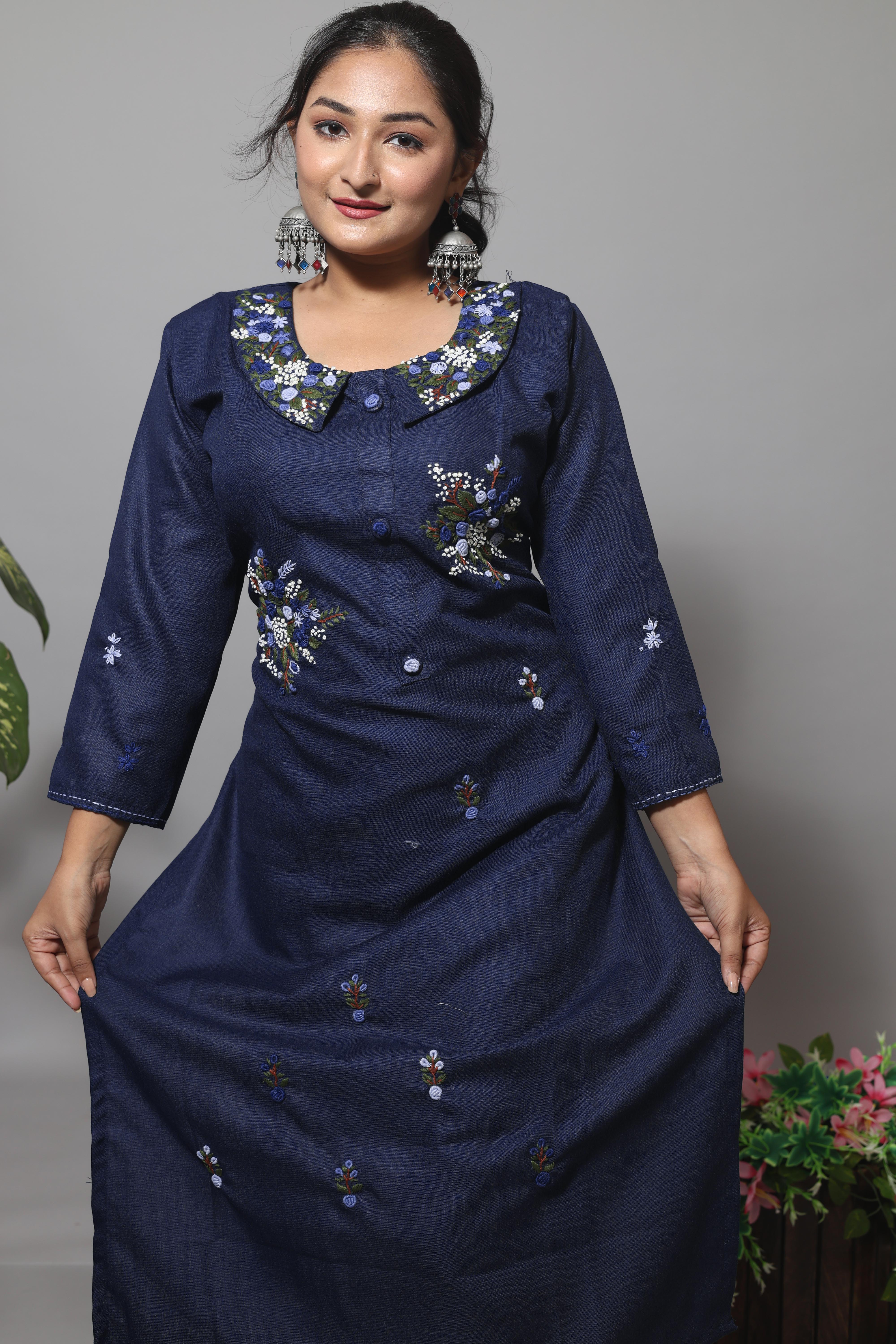 Mid Night Blue Color Cotton Hand Embroidery Kurta