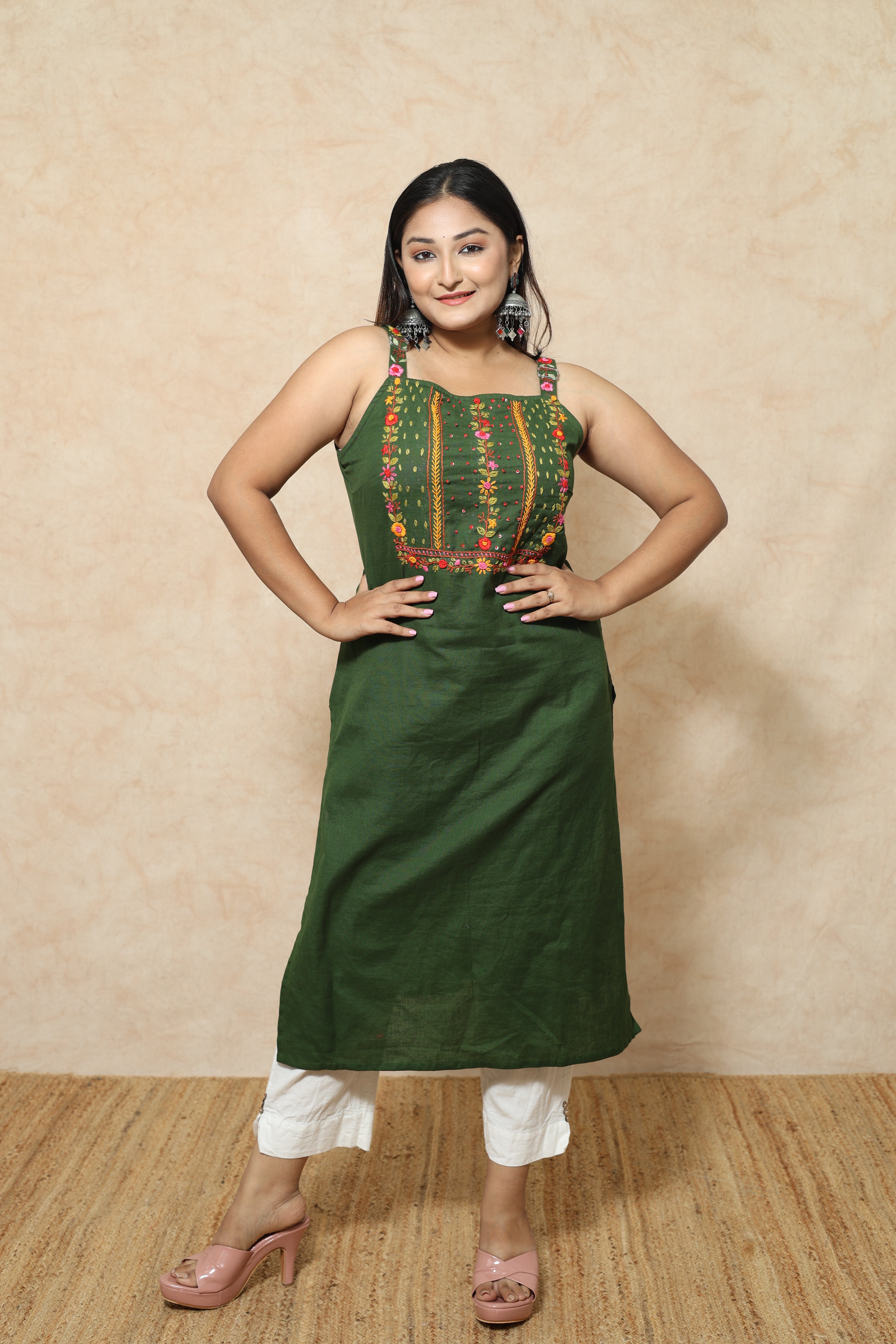 Hand Embroidery Cotton Green Color Kurta