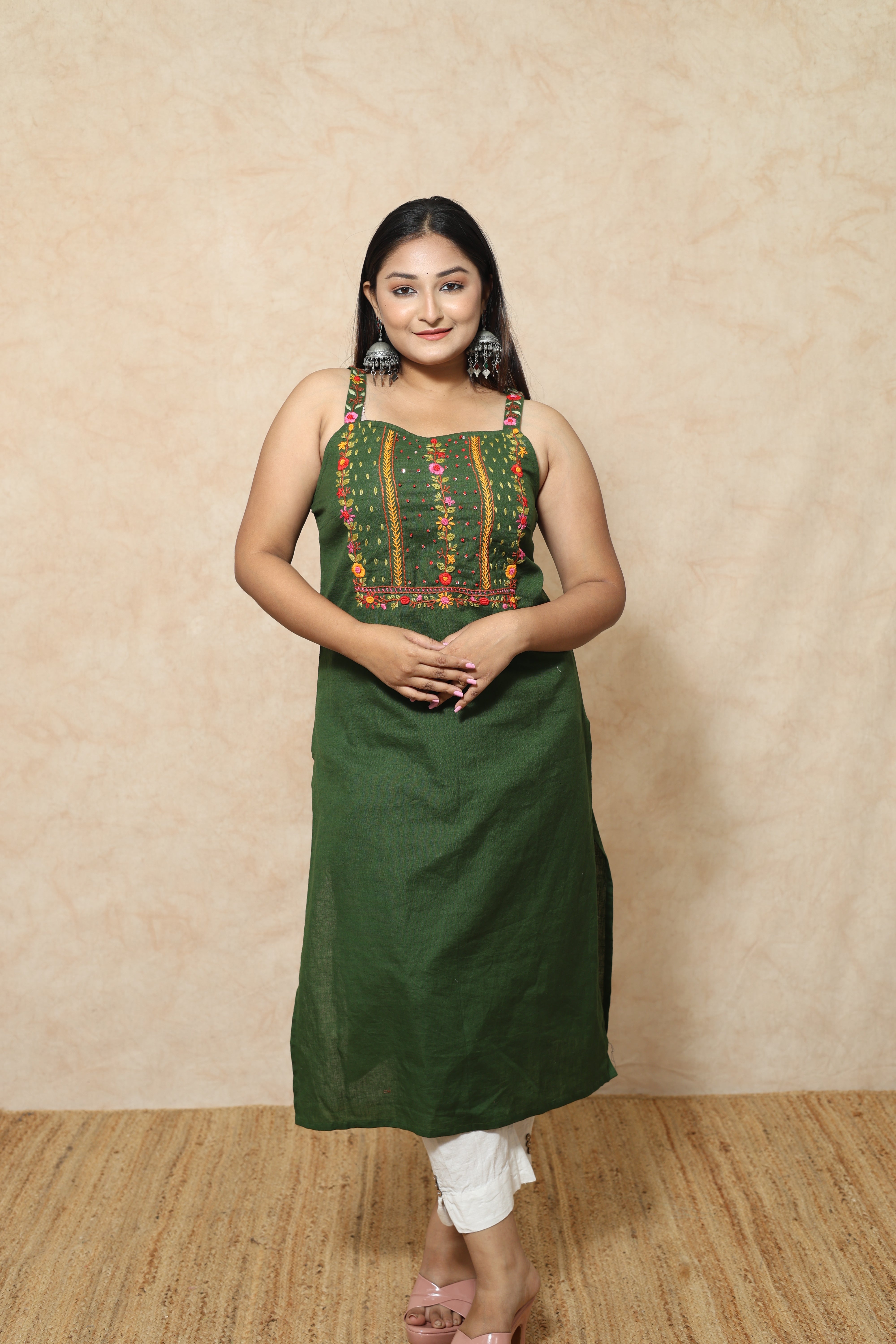 Hand Embroidery Cotton Green Color Kurta