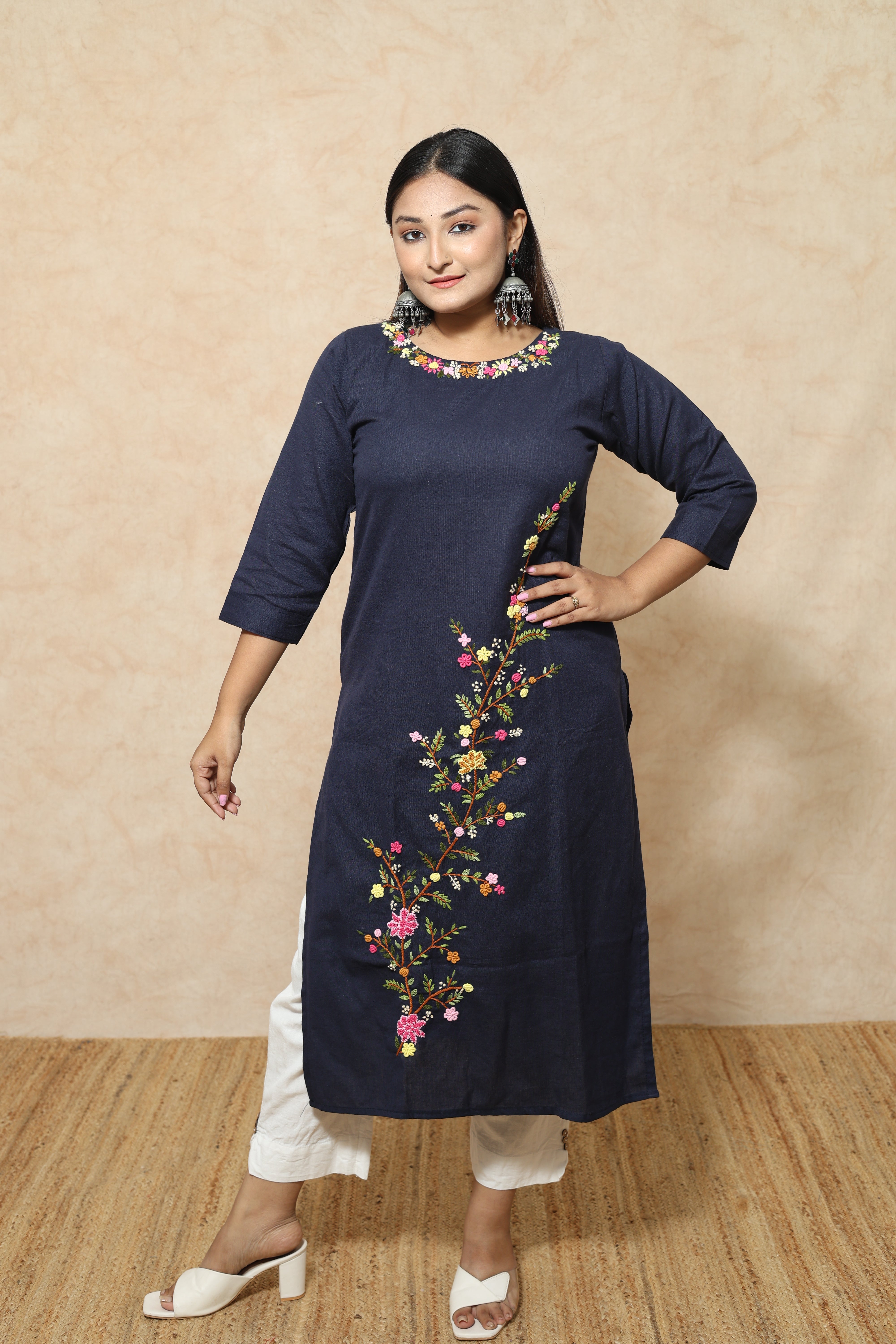 Mid Night Blue Handwork Cotton Kurta