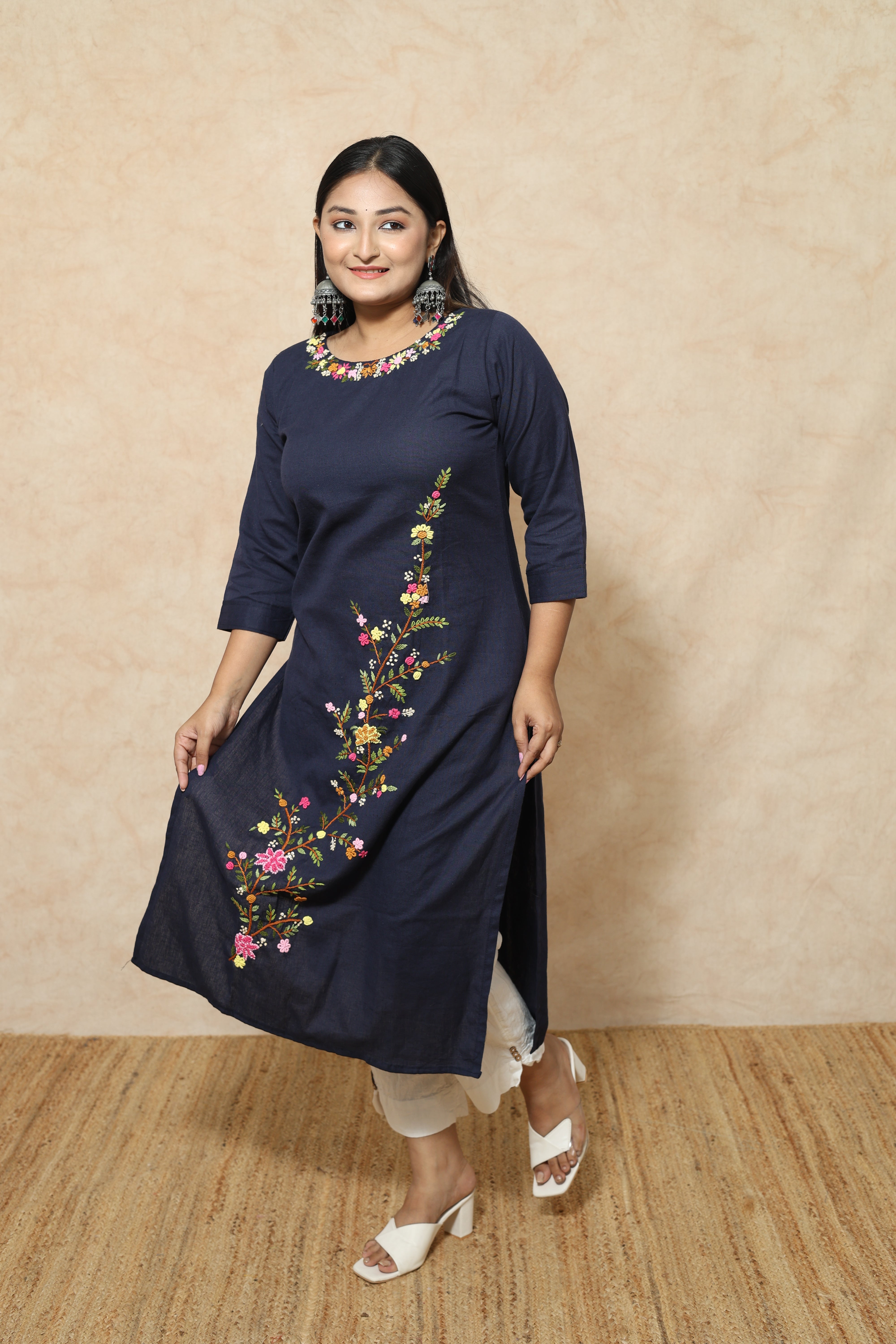 Mid Night Blue Handwork Cotton Kurta