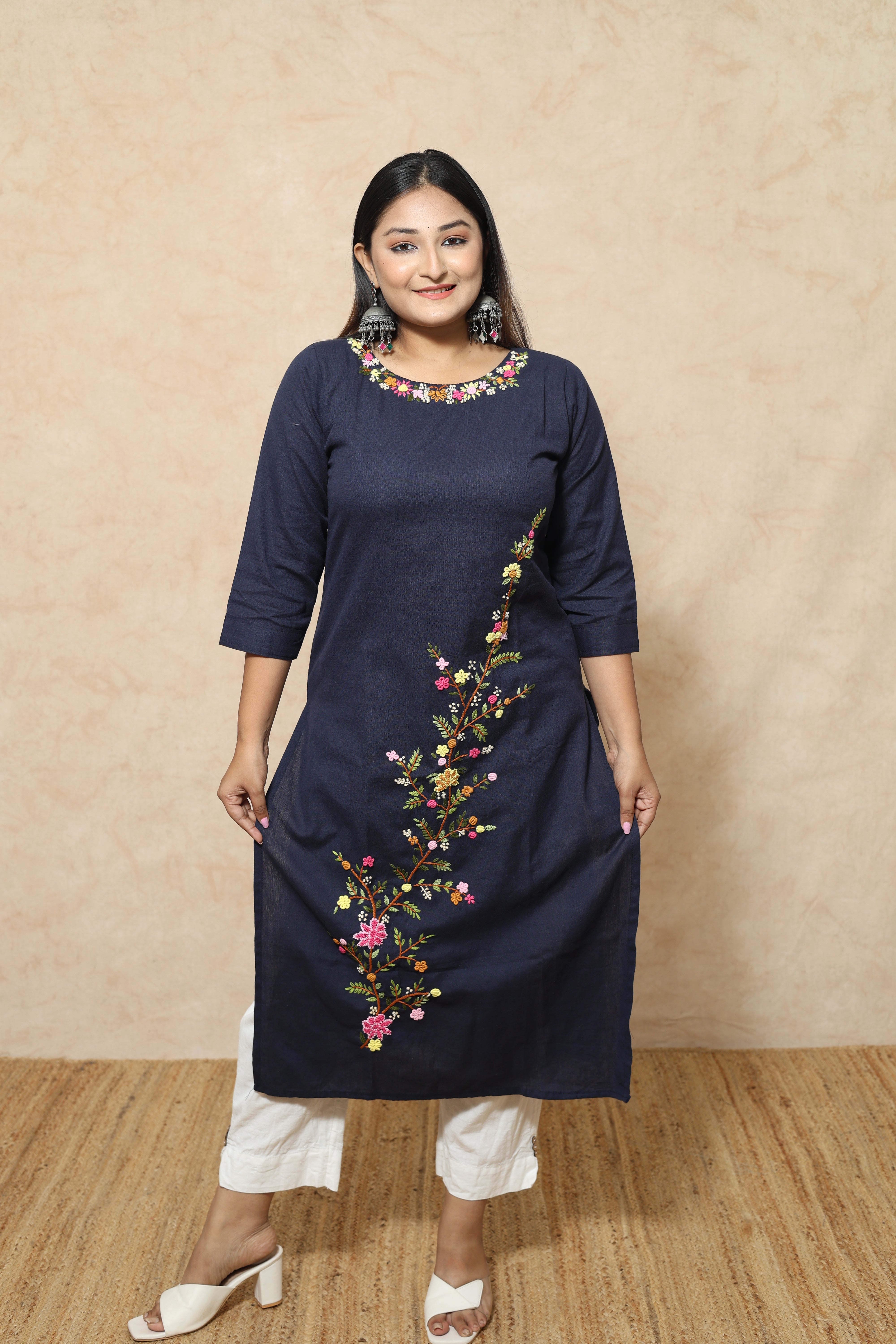 Mid Night Blue Handwork Cotton Kurta