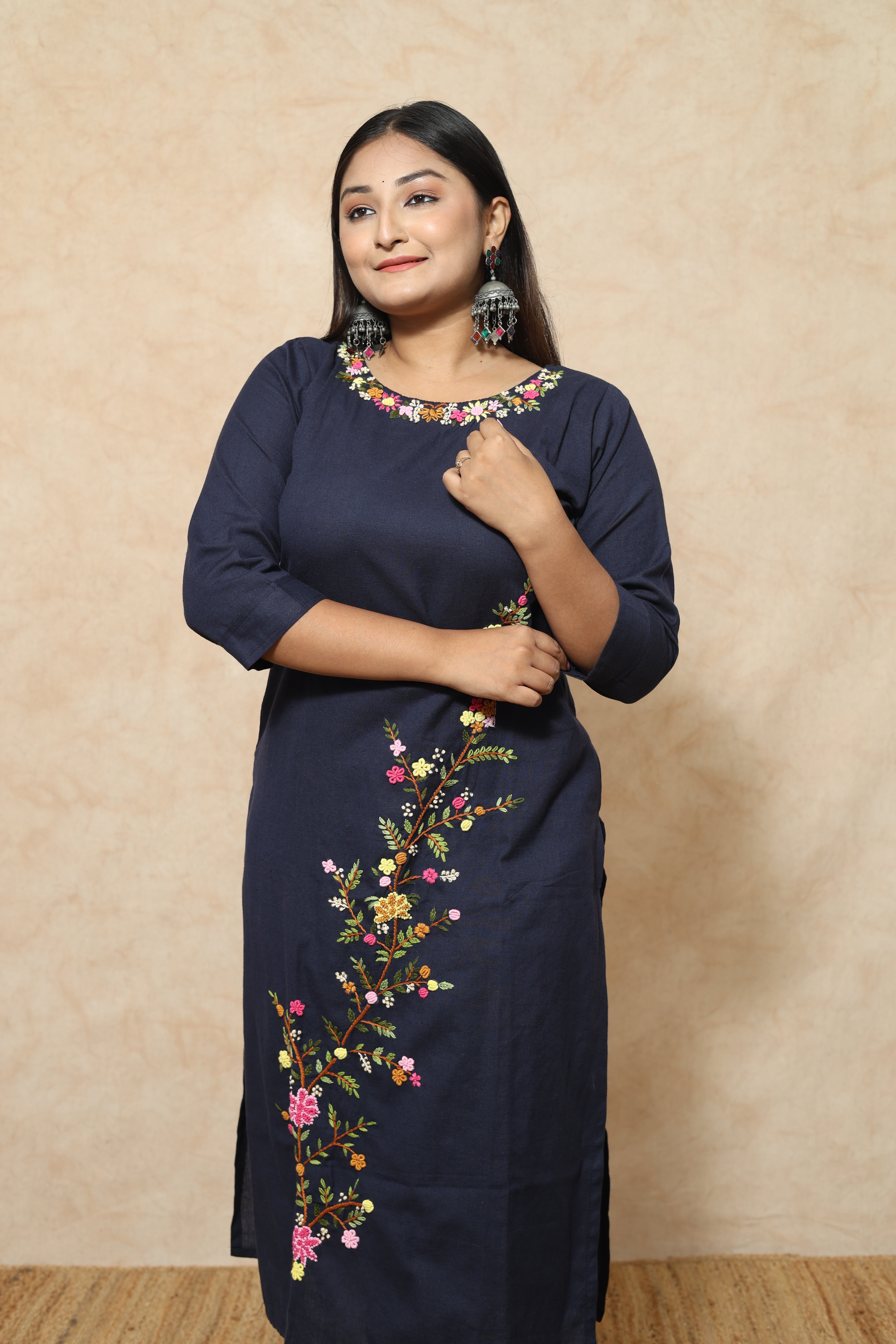 Mid Night Blue Handwork Cotton Kurta