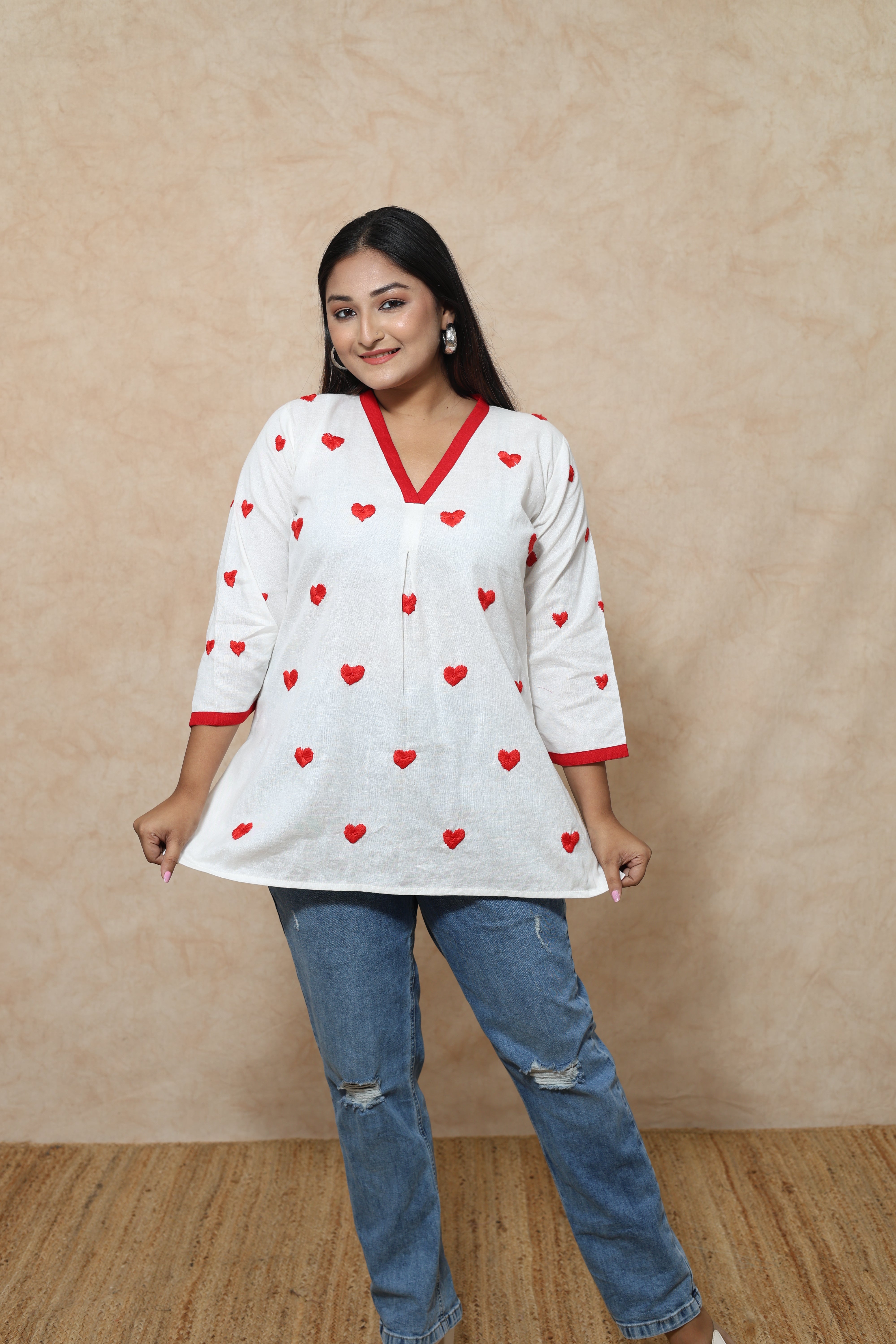 Heart Shape Hand Embroidery Cotton Short Kurti