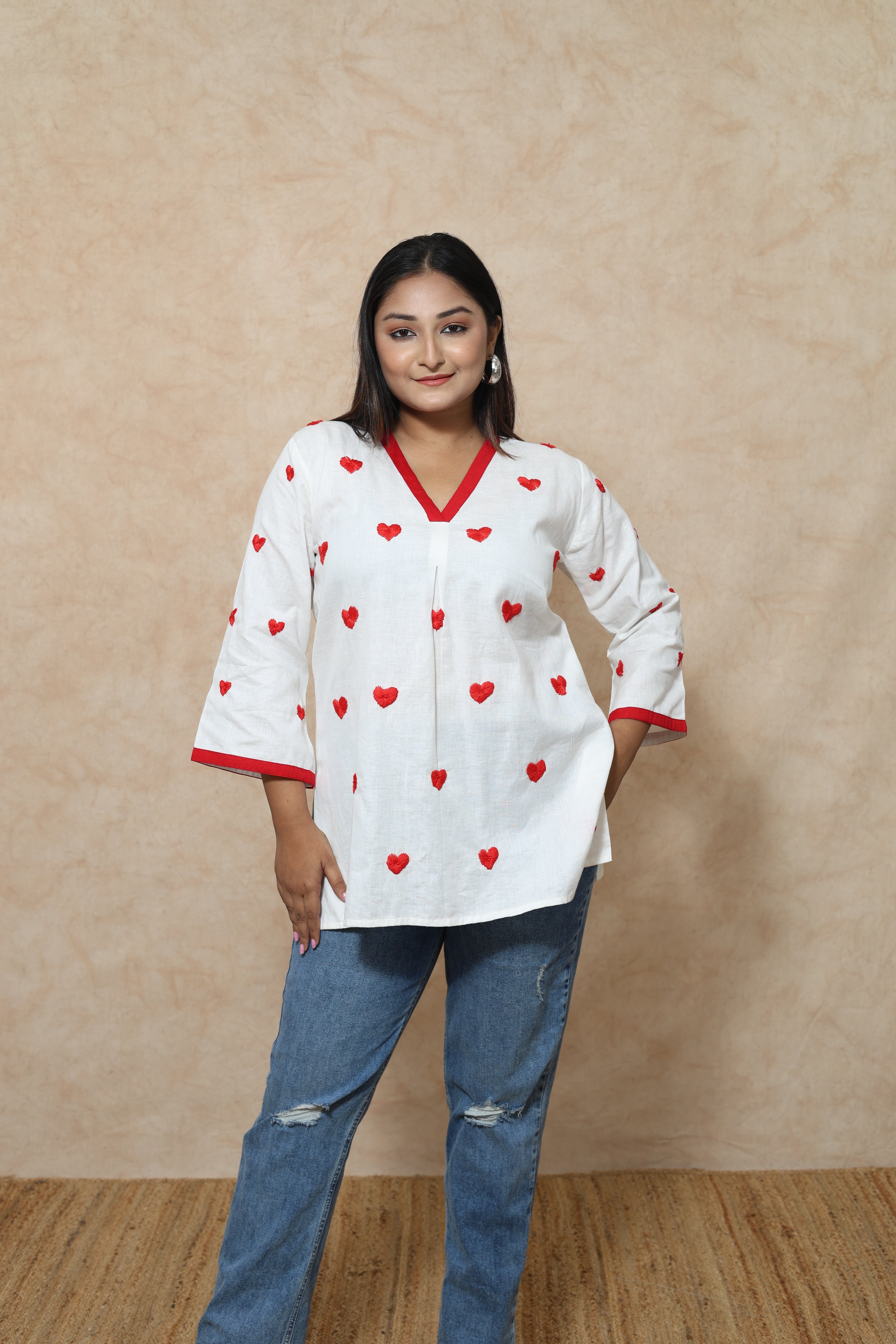 Heart Shape Hand Embroidery Cotton Short Kurti