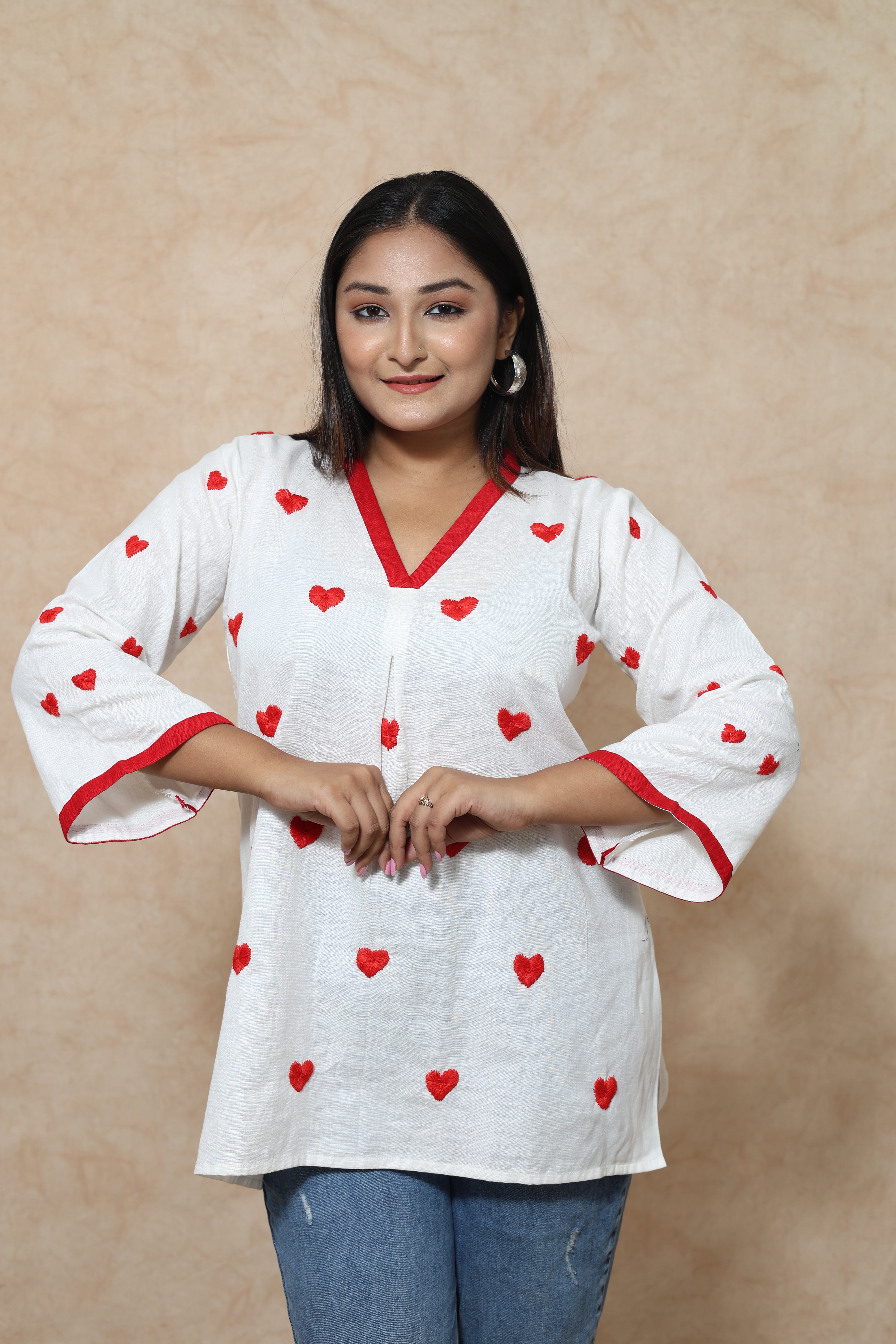 Heart Shape Hand Embroidery Cotton Short Kurti