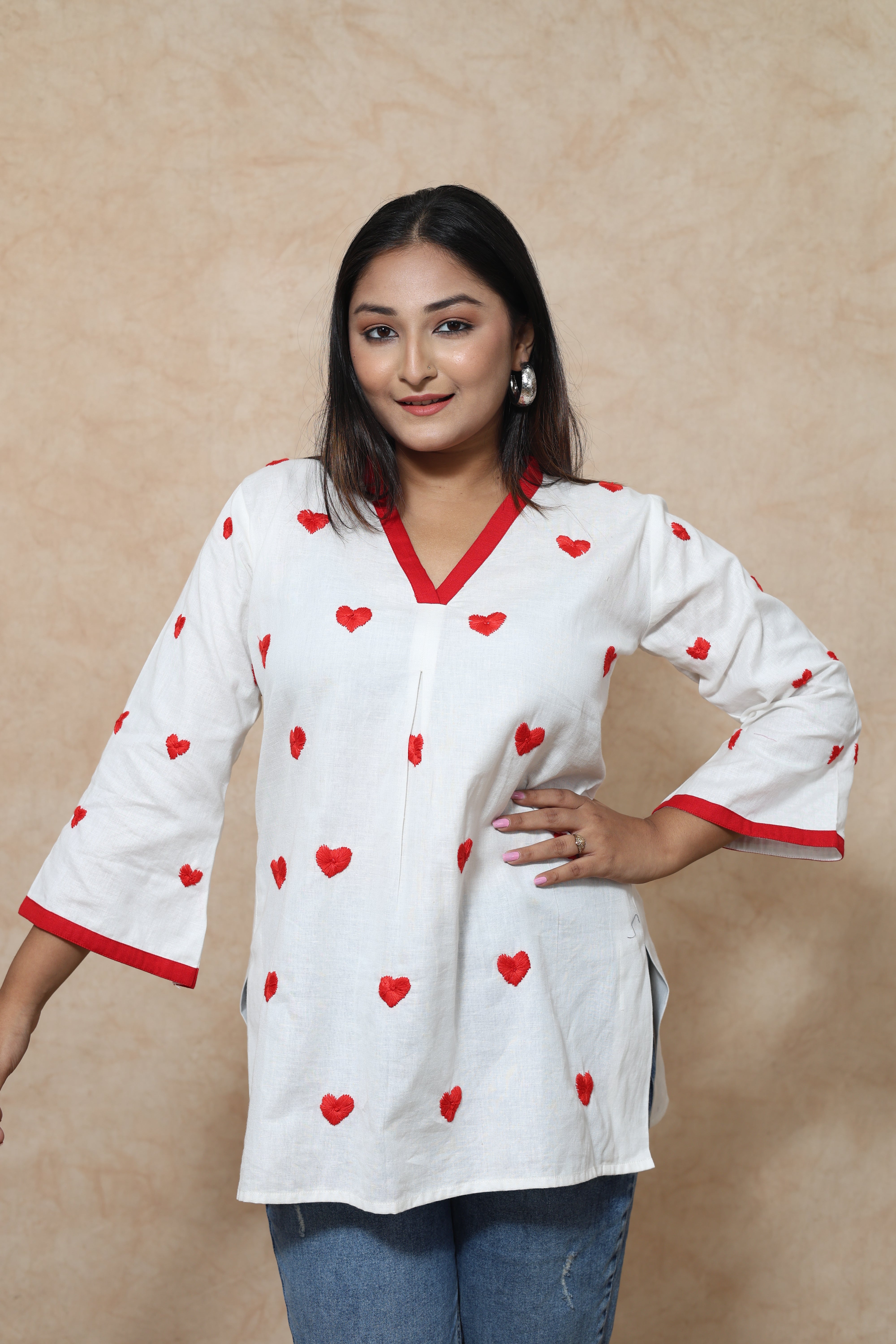 Heart Shape Hand Embroidery Cotton Short Kurti