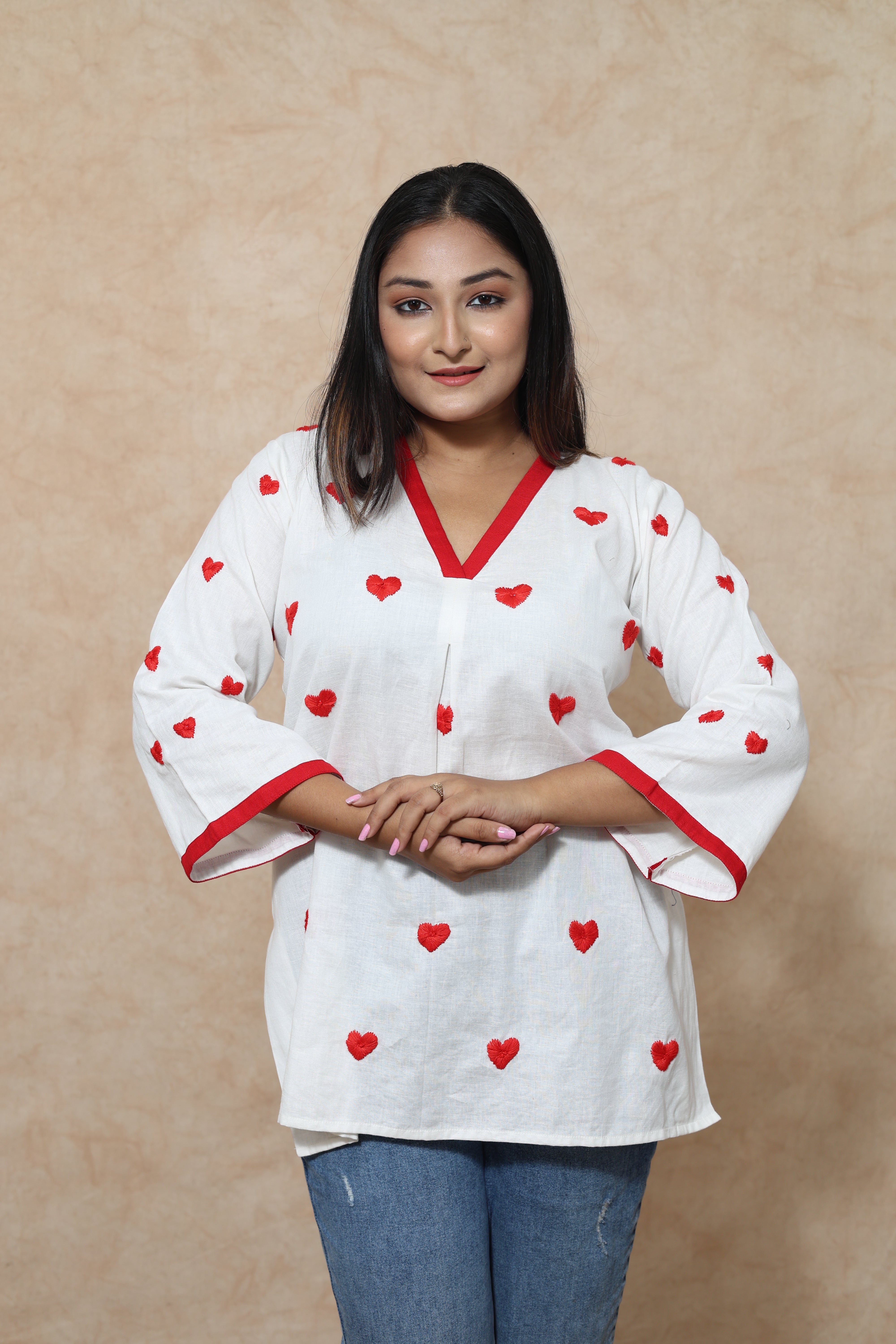 Heart Shape Hand Embroidery Cotton Short Kurti