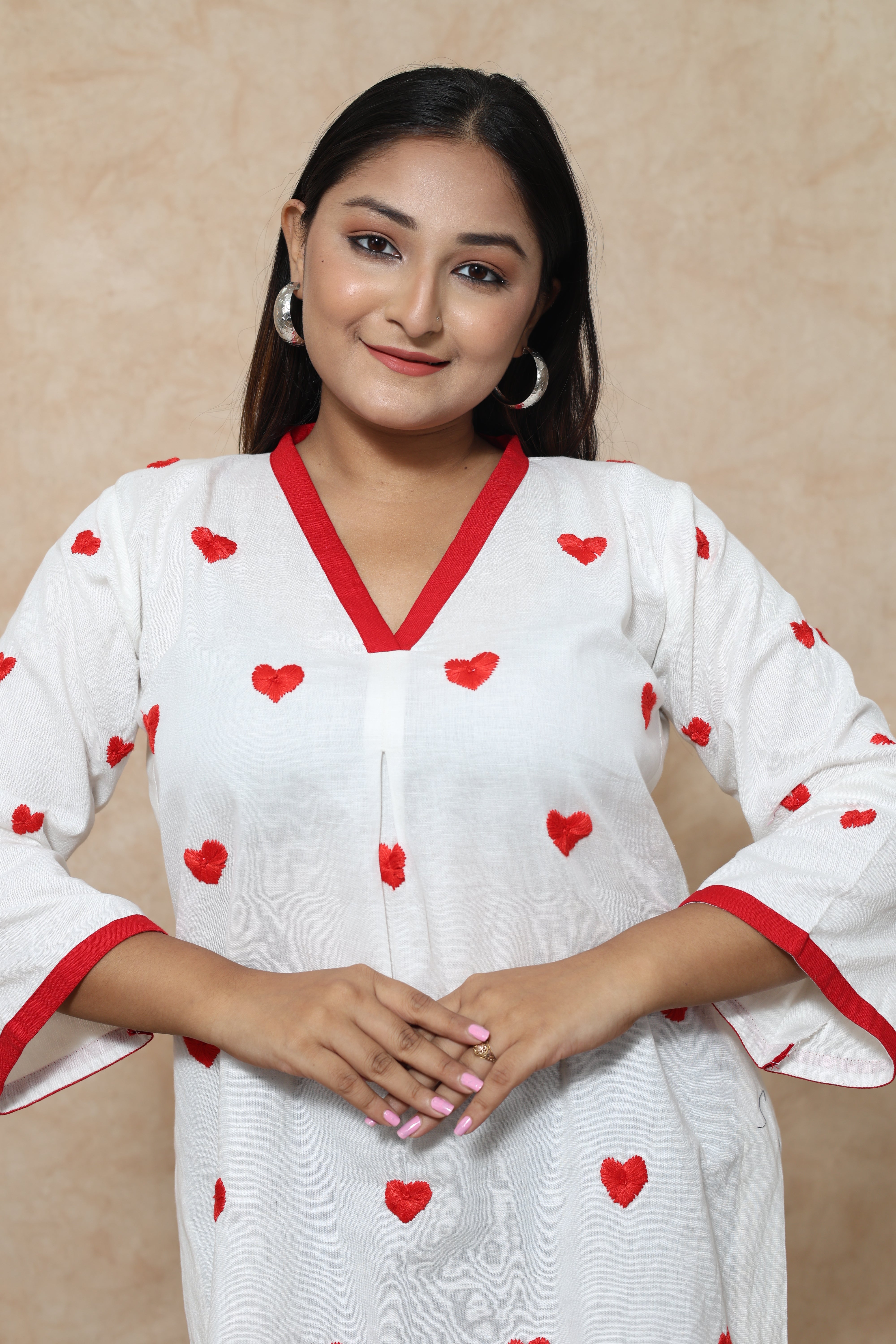 Heart Shape Hand Embroidery Cotton Short Kurti