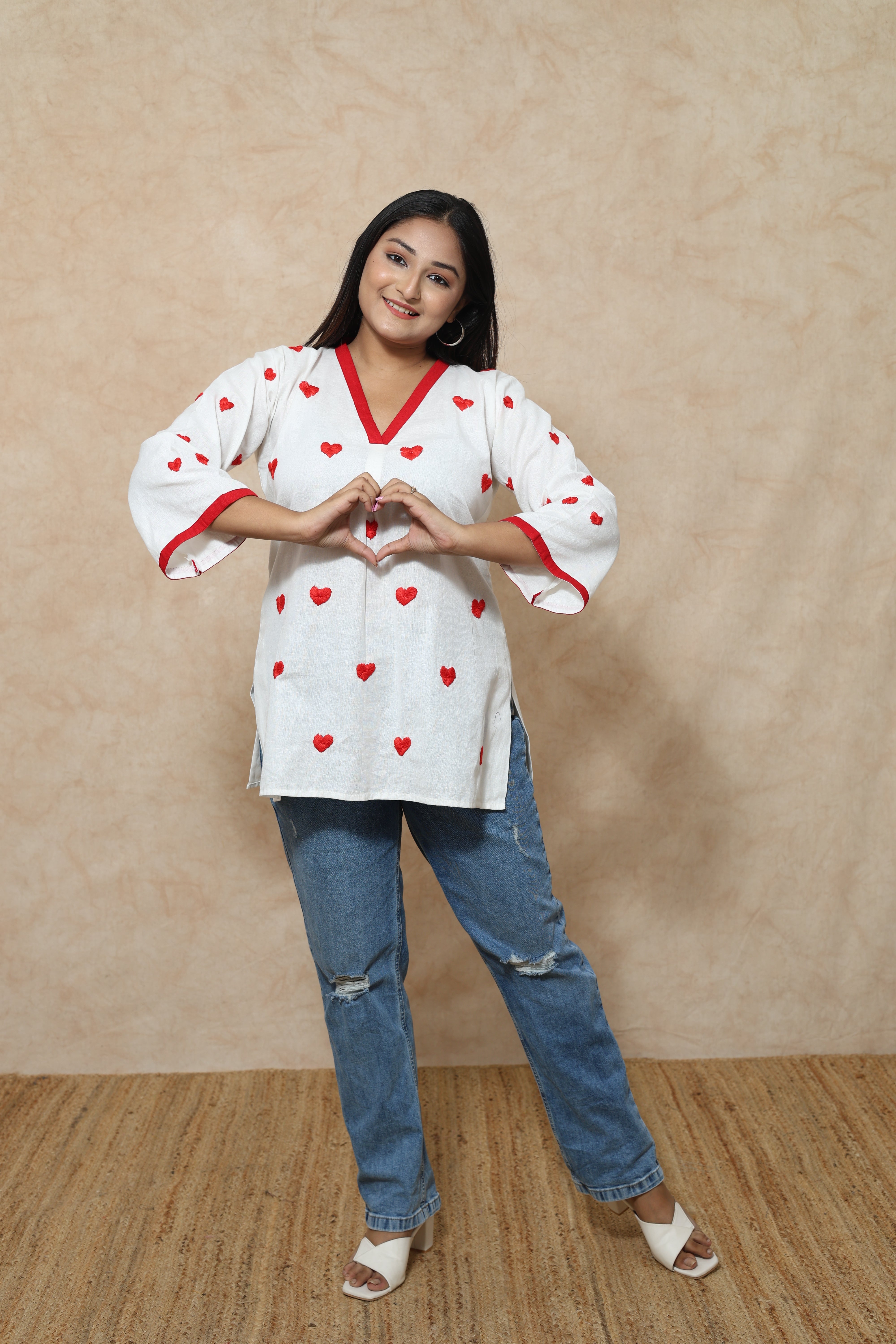 Heart Shape Hand Embroidery Cotton Short Kurti