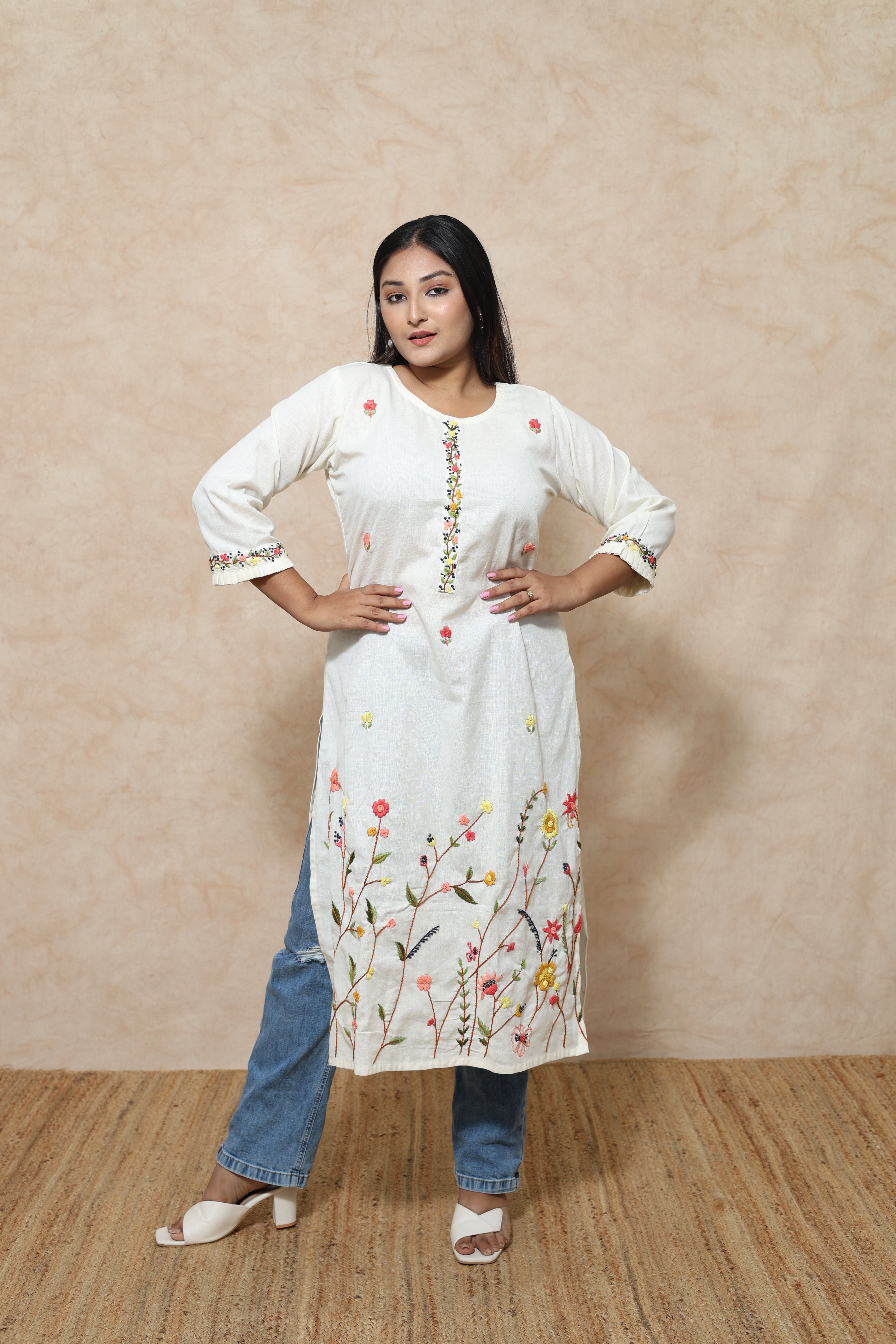 White Color Hand Embroidery Cotton Kurta