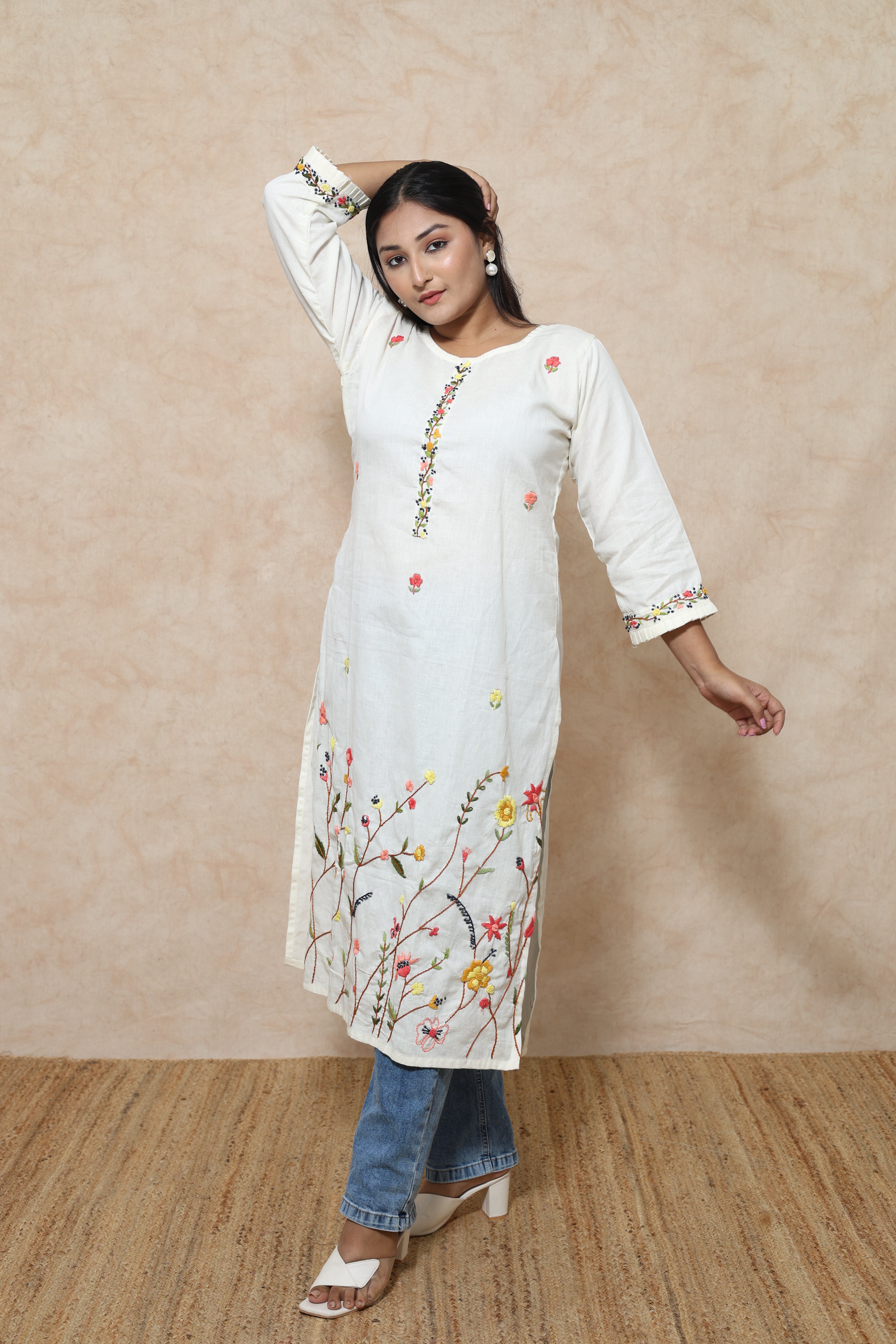 White Color Hand Embroidery Cotton Kurta