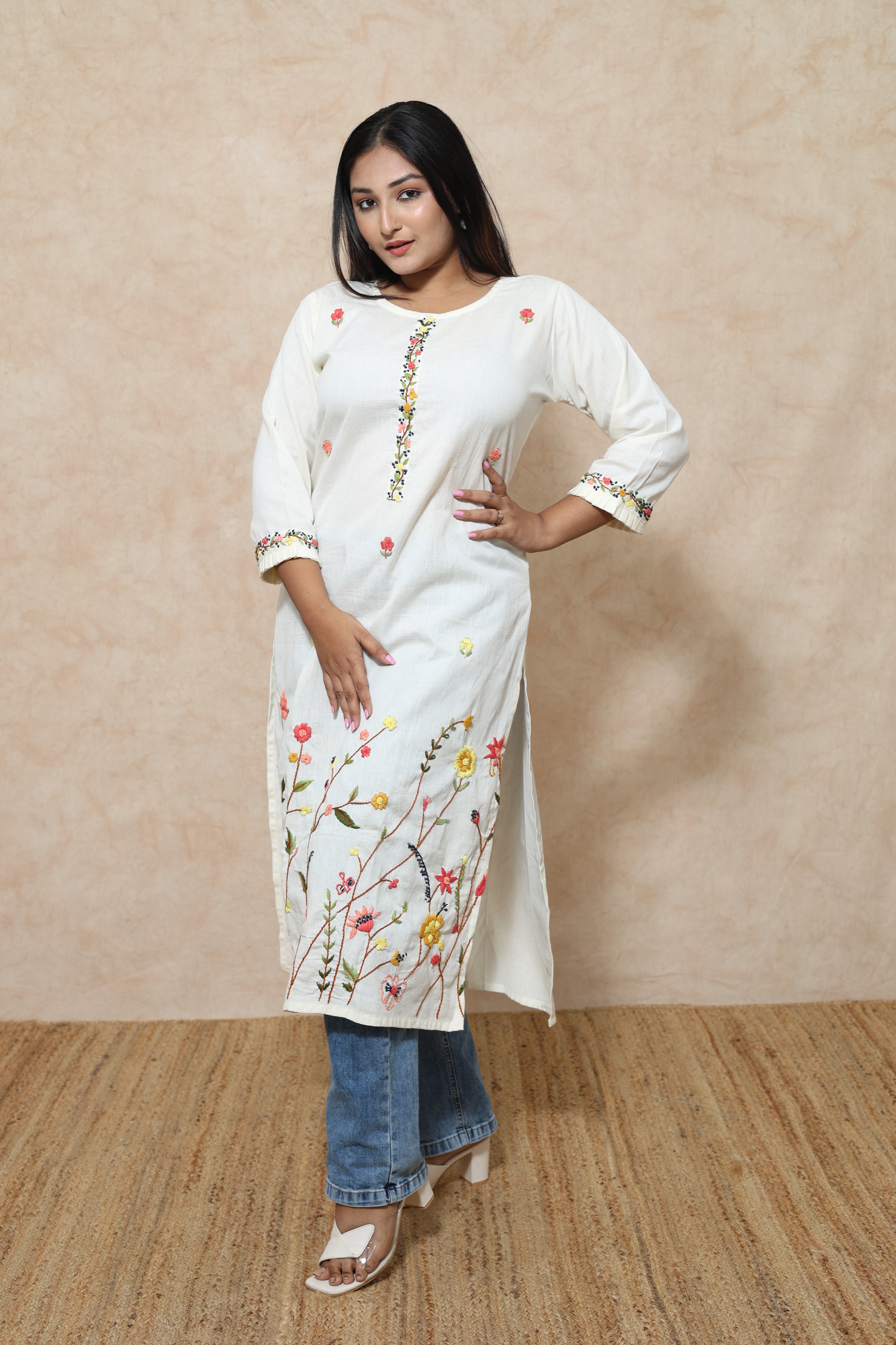 White Color Hand Embroidery Cotton Kurta