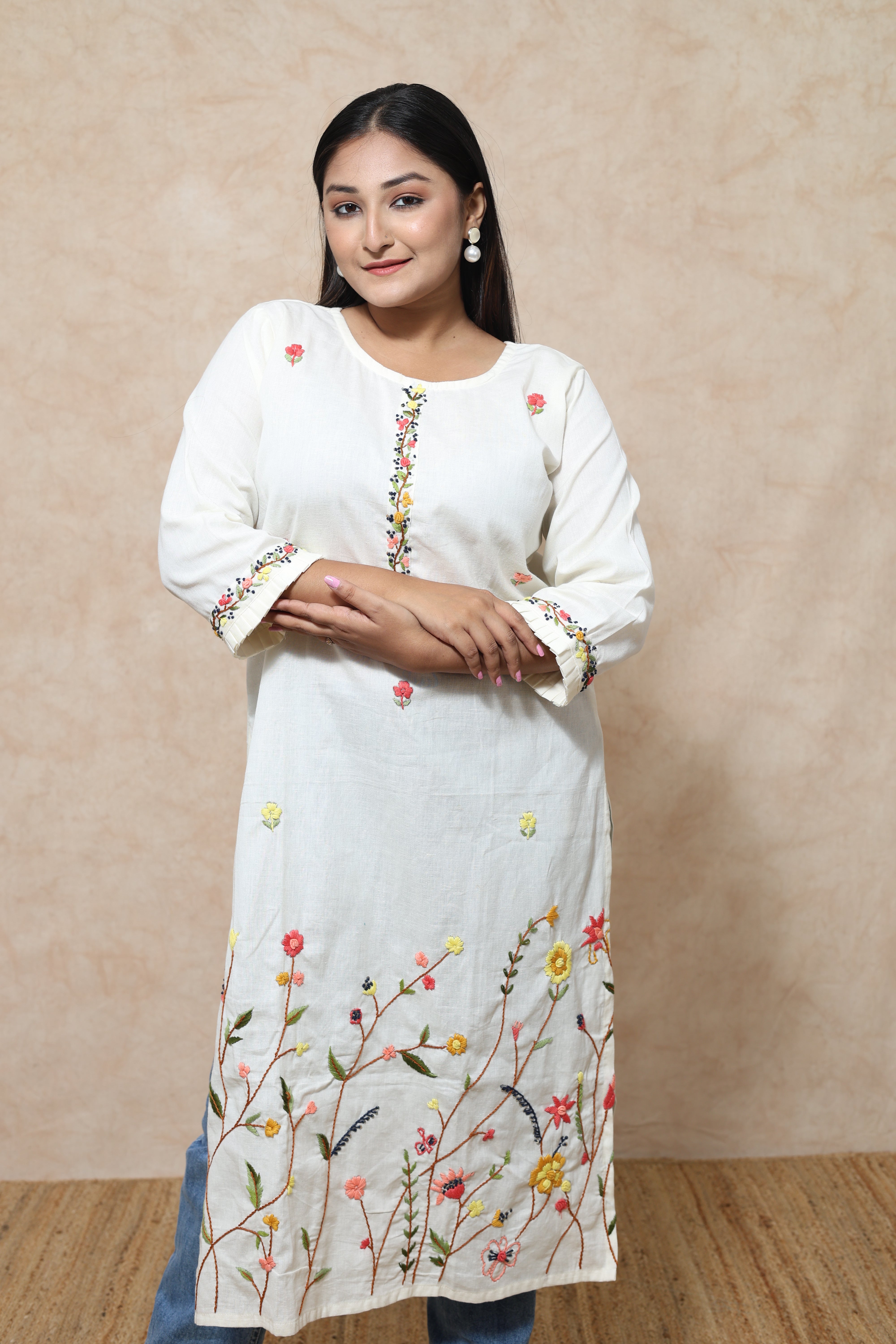 White Color Hand Embroidery Cotton Kurta