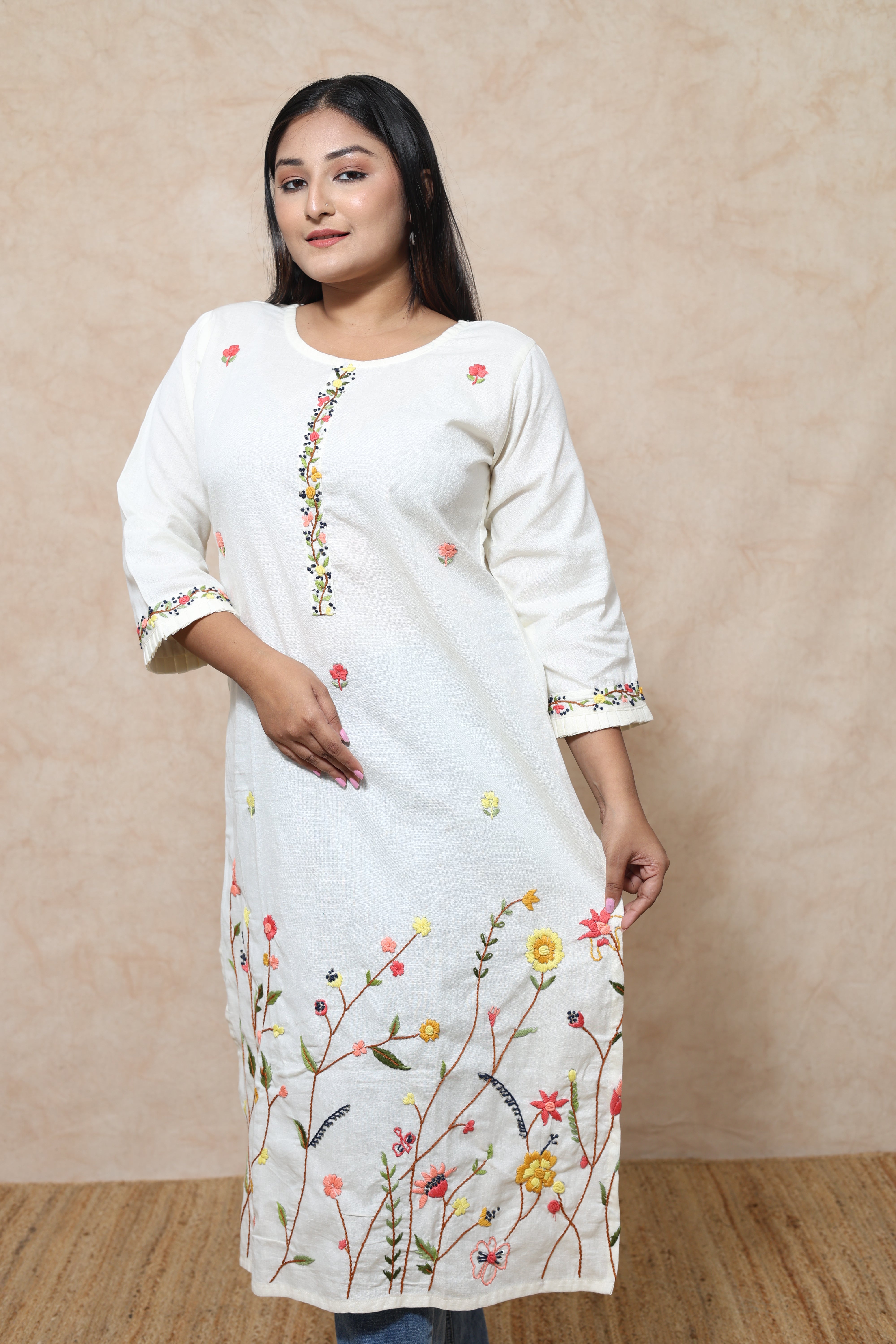 White Color Hand Embroidery Cotton Kurta