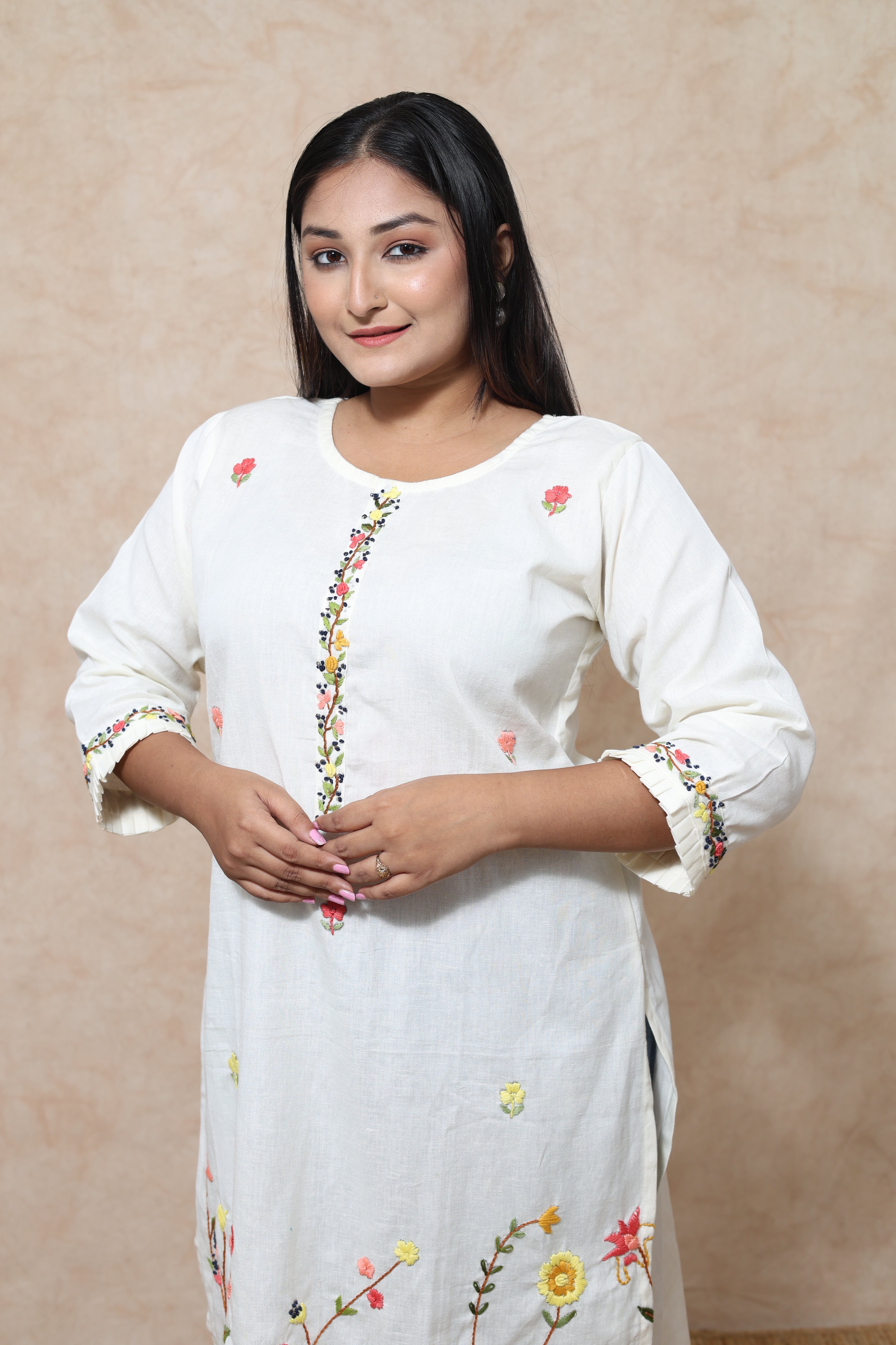 White Color Hand Embroidery Cotton Kurta