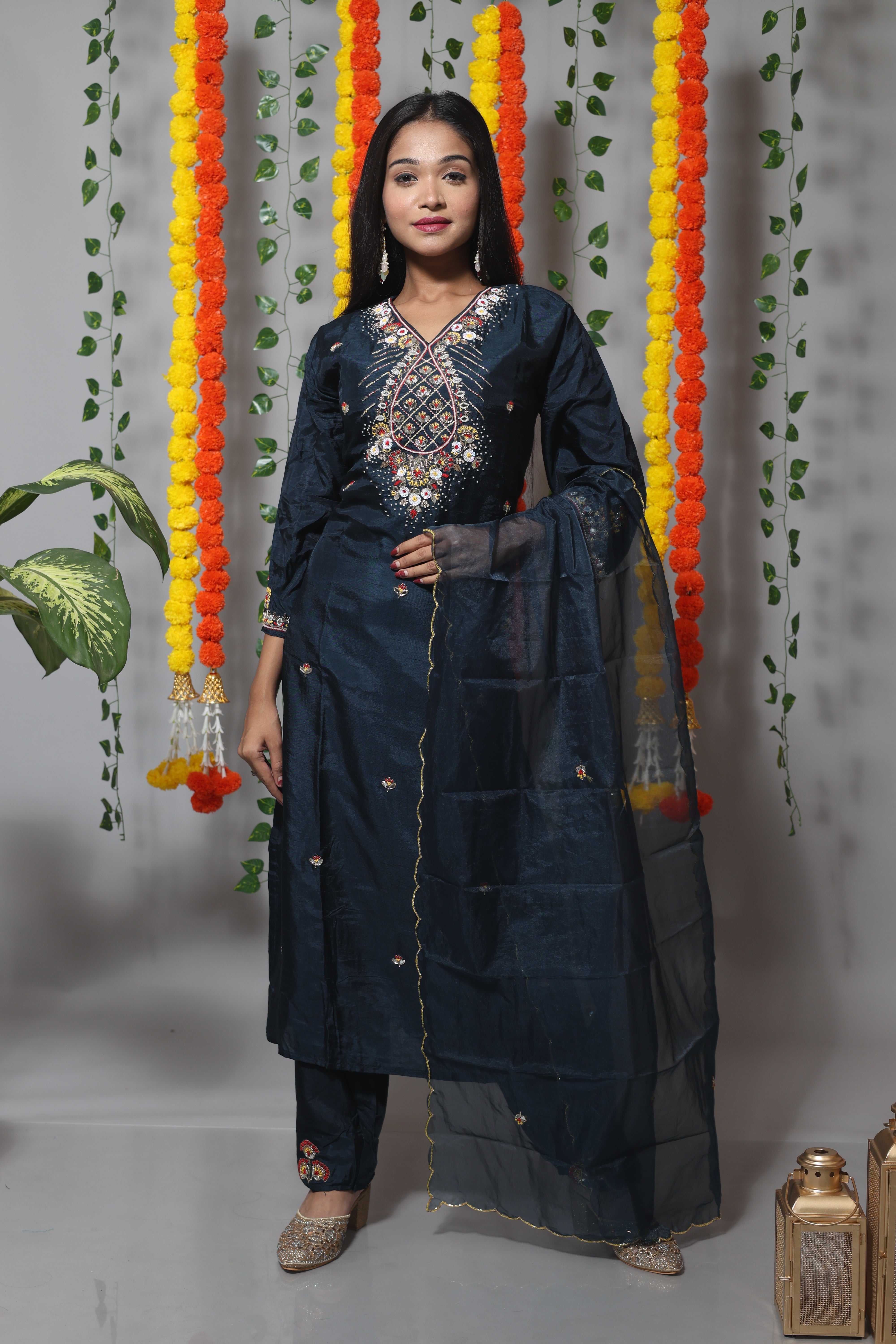 Dark teal blue dola silk suit set with elegant jardosi work