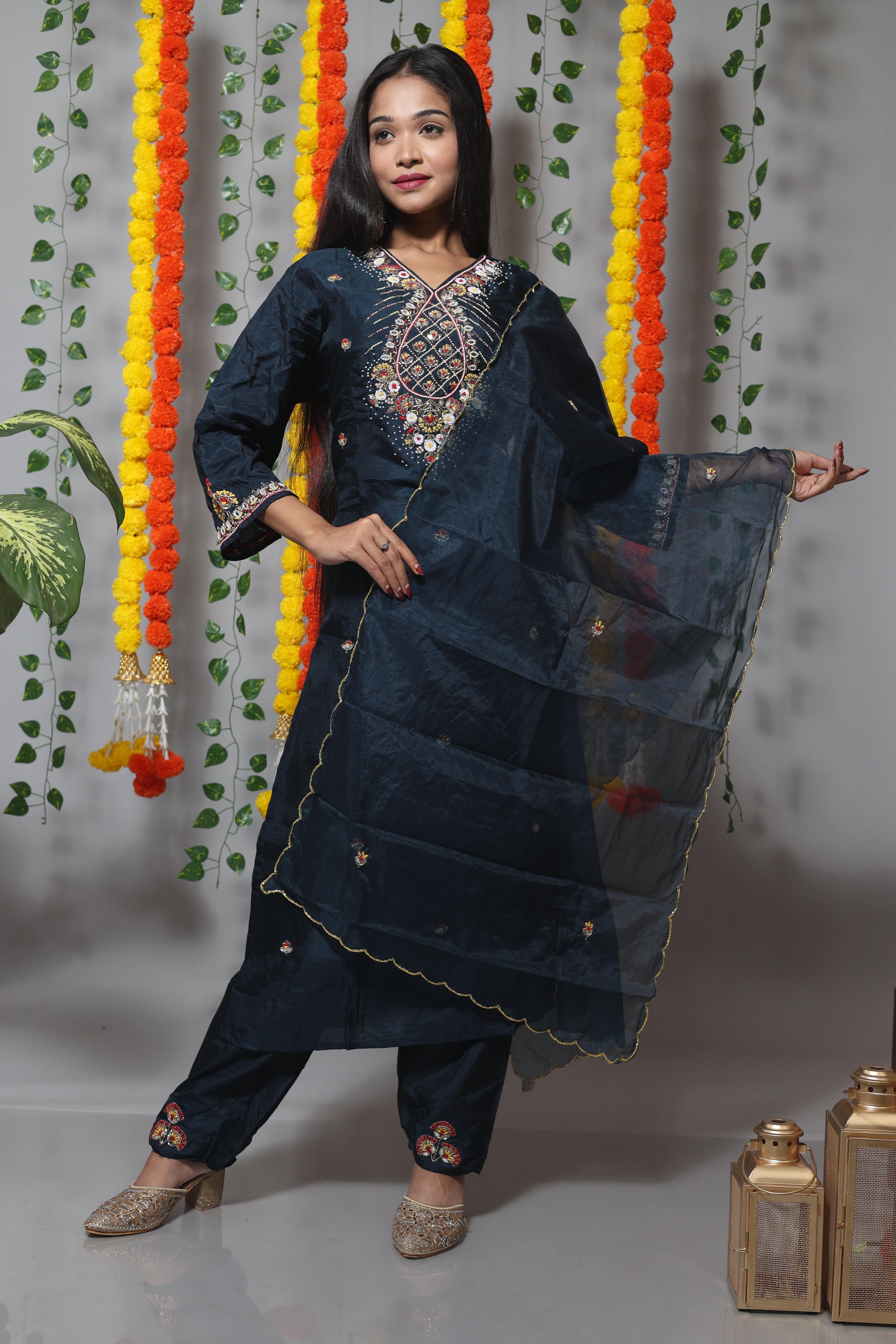 Dark Teal Blue Jardosi Dola Silk Suit Set
