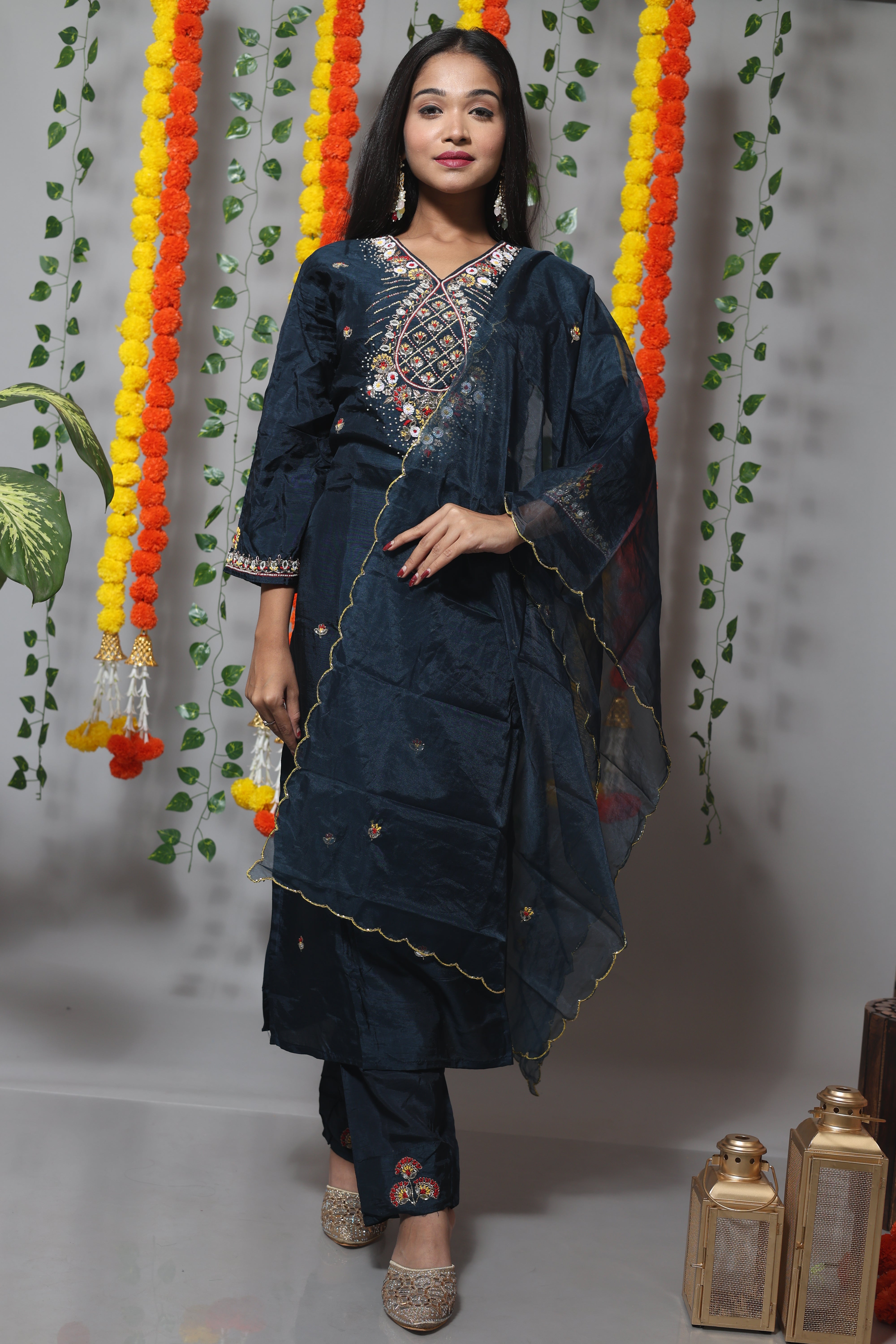 Dark Teal Blue Jardosi Dola Silk Suit Set