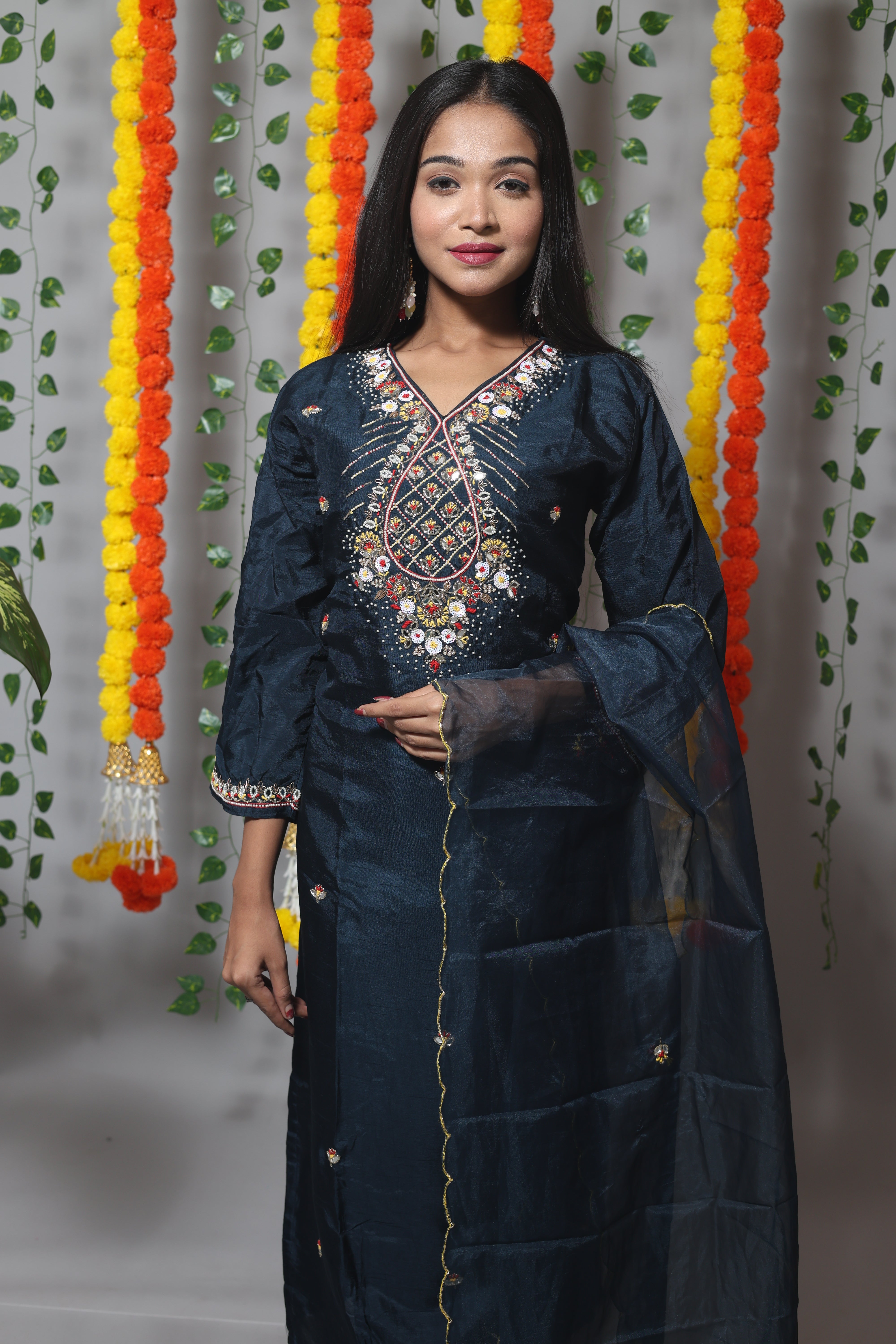 Dark Teal Blue Jardosi Dola Silk Suit Set
