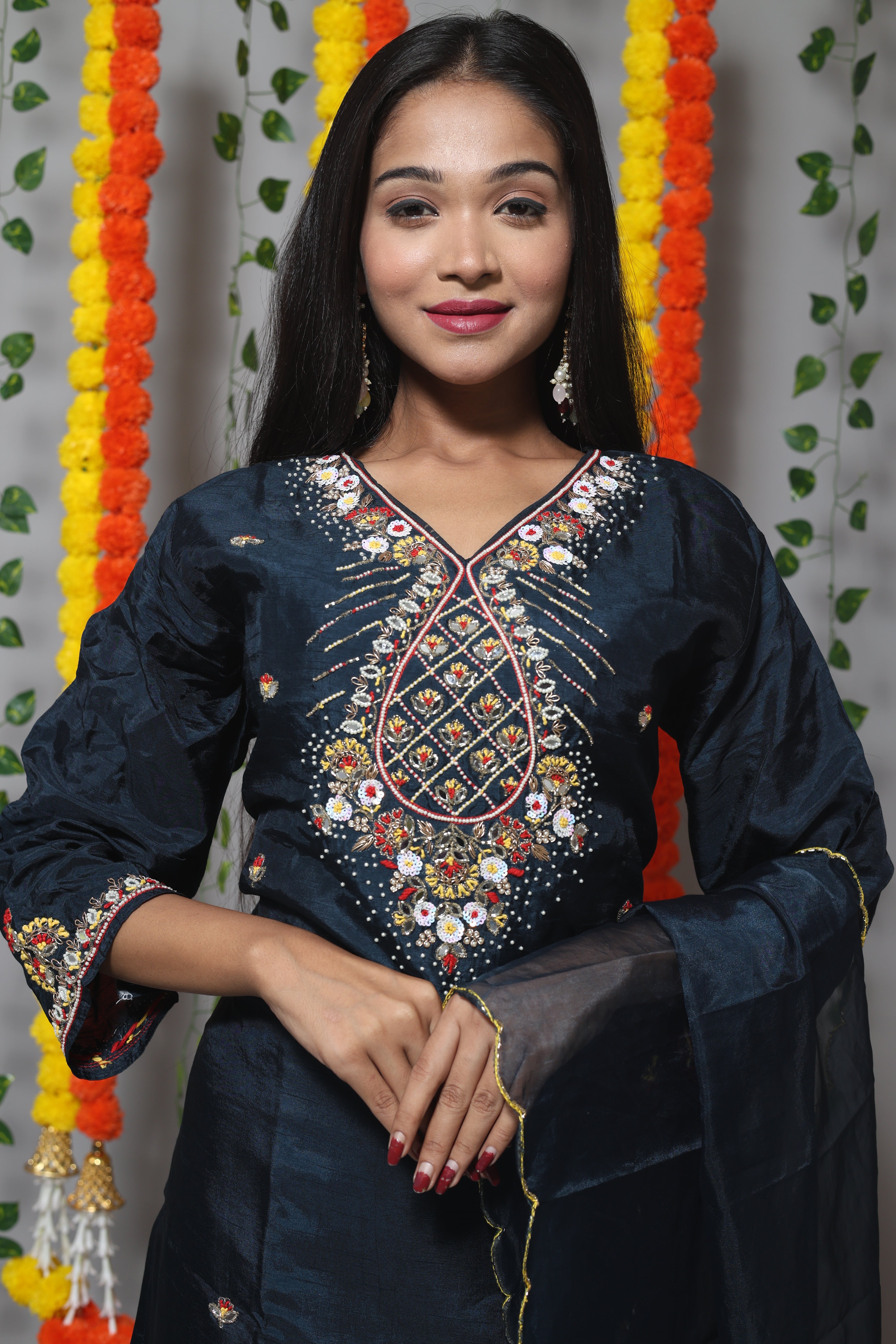 Dark Teal Blue Jardosi Dola Silk Suit Set