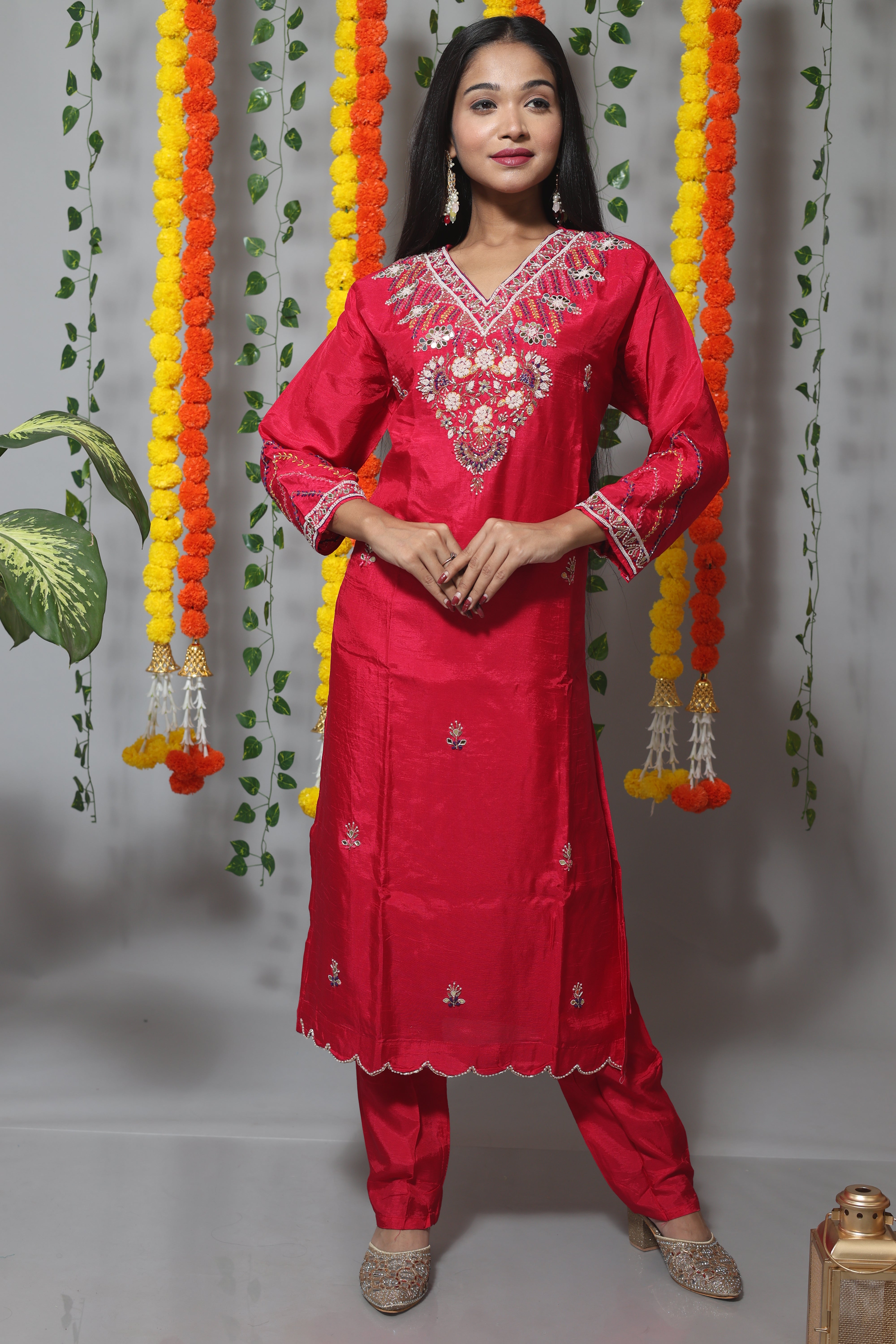 Cherry Red Dola Silk Jardosi Work Suit Set