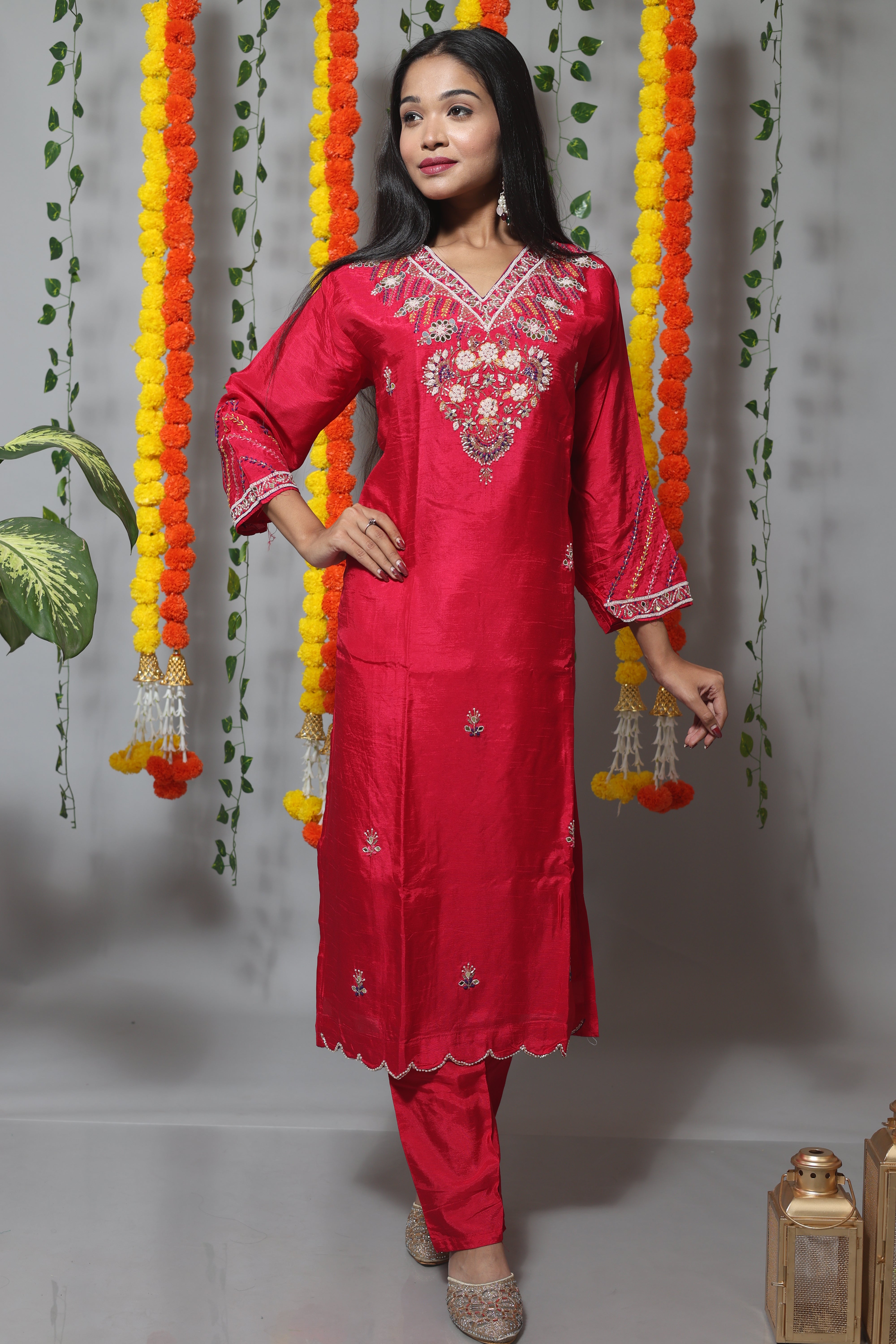 Cherry Red Dola Silk Jardosi Work Suit Set