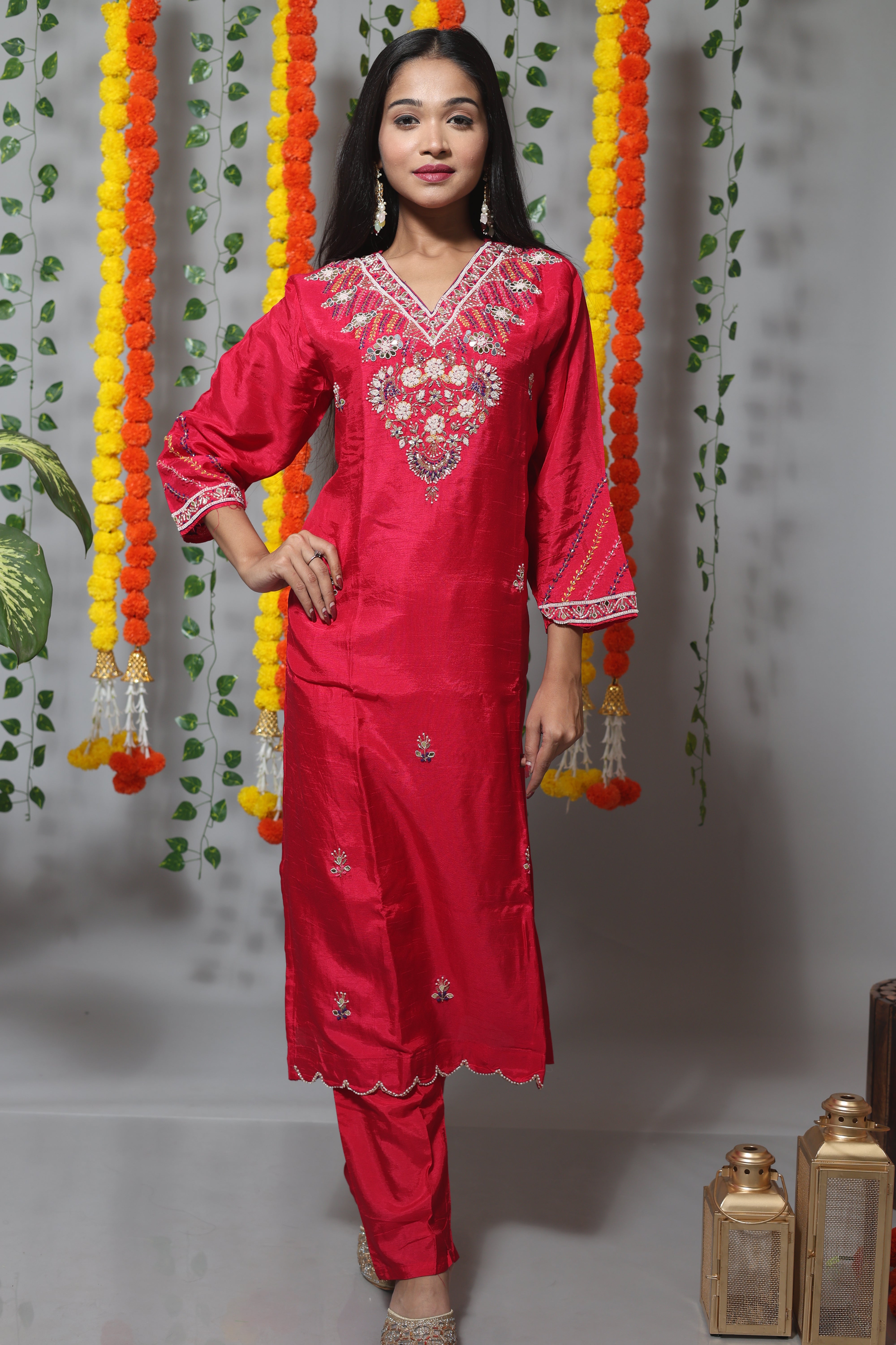 Cherry Red Dola Silk Jardosi Work Suit Set