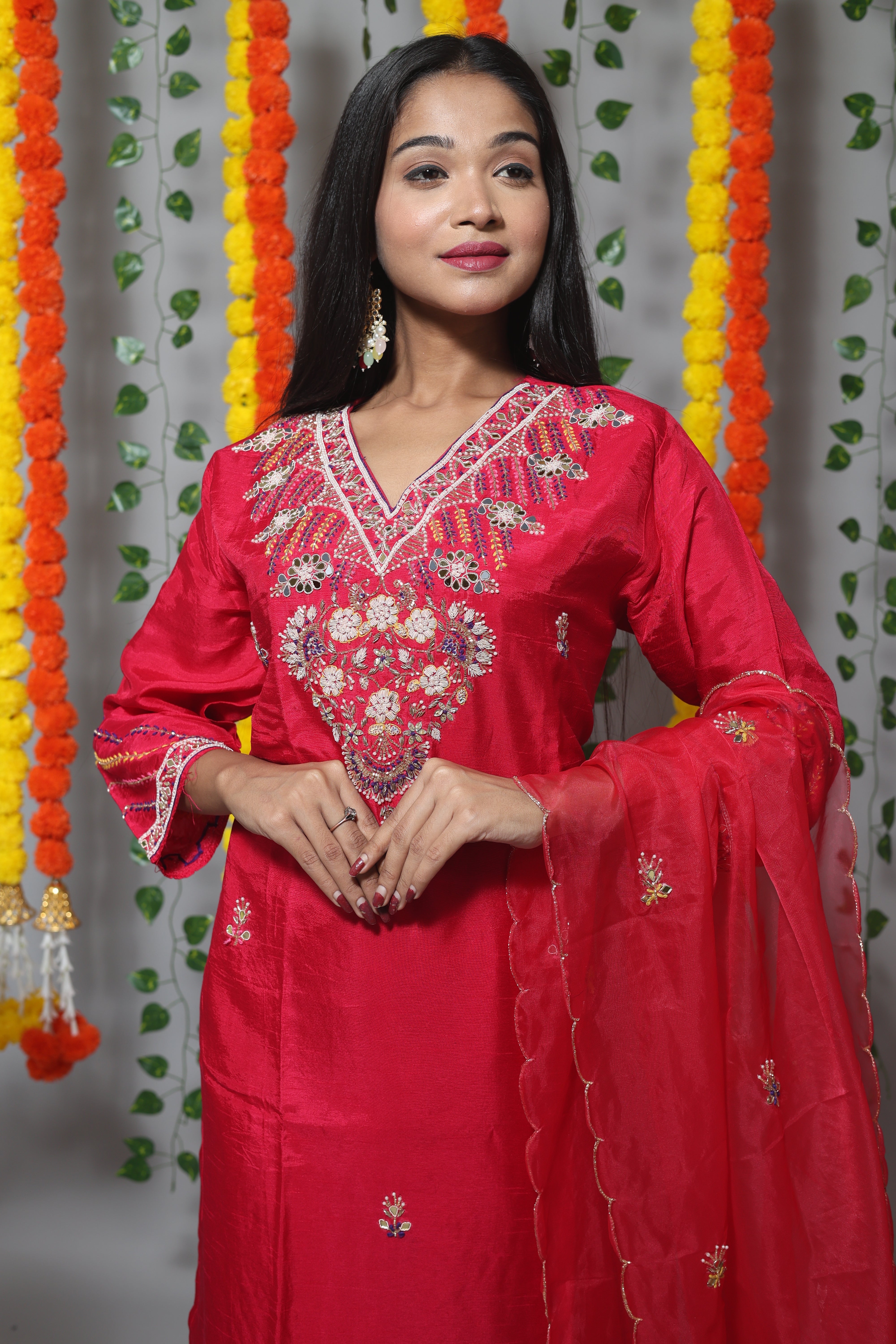 Cherry Red Dola Silk Jardosi Work Suit Set