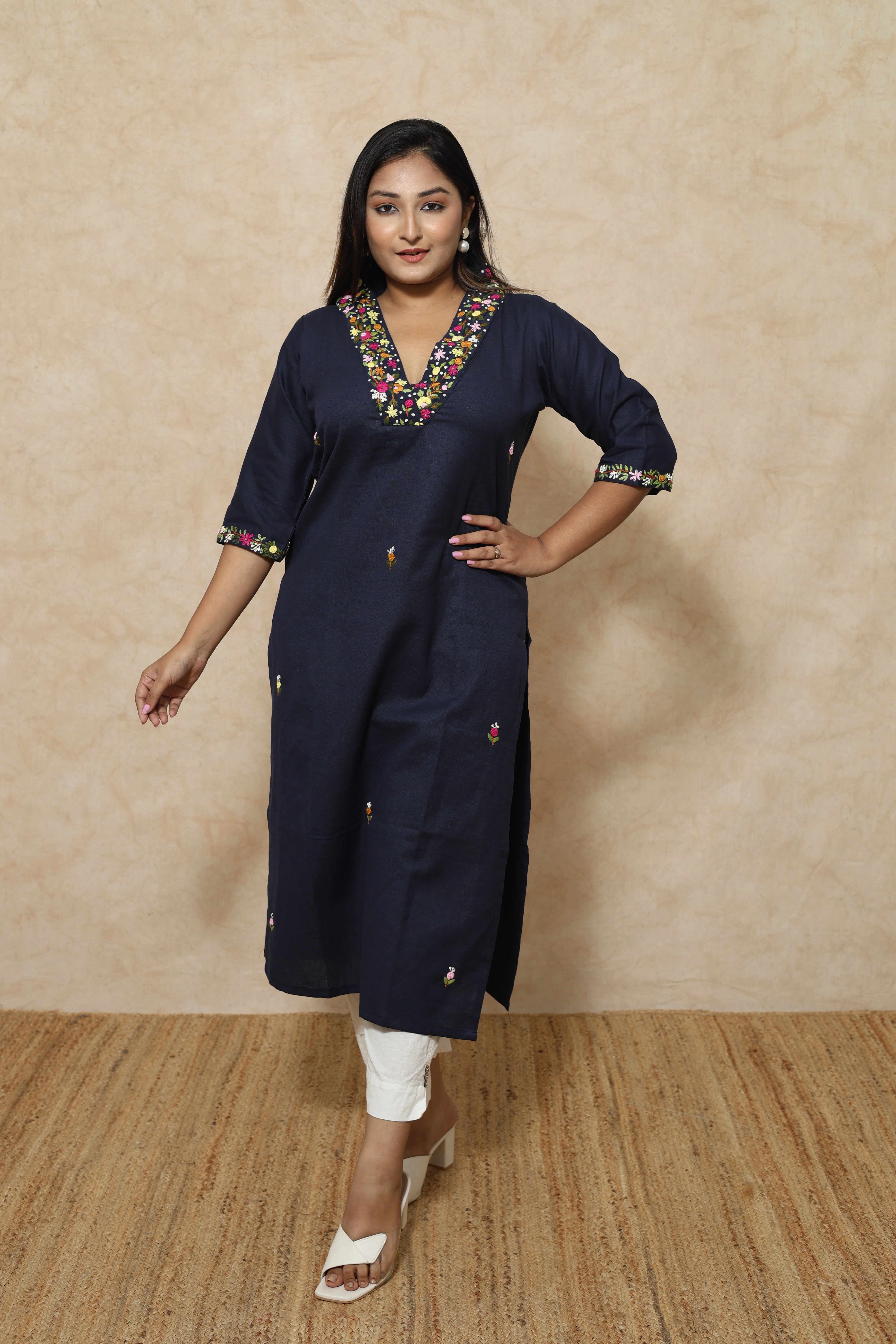 Mid Night Blue Cotton Hand Embroidery Kurta