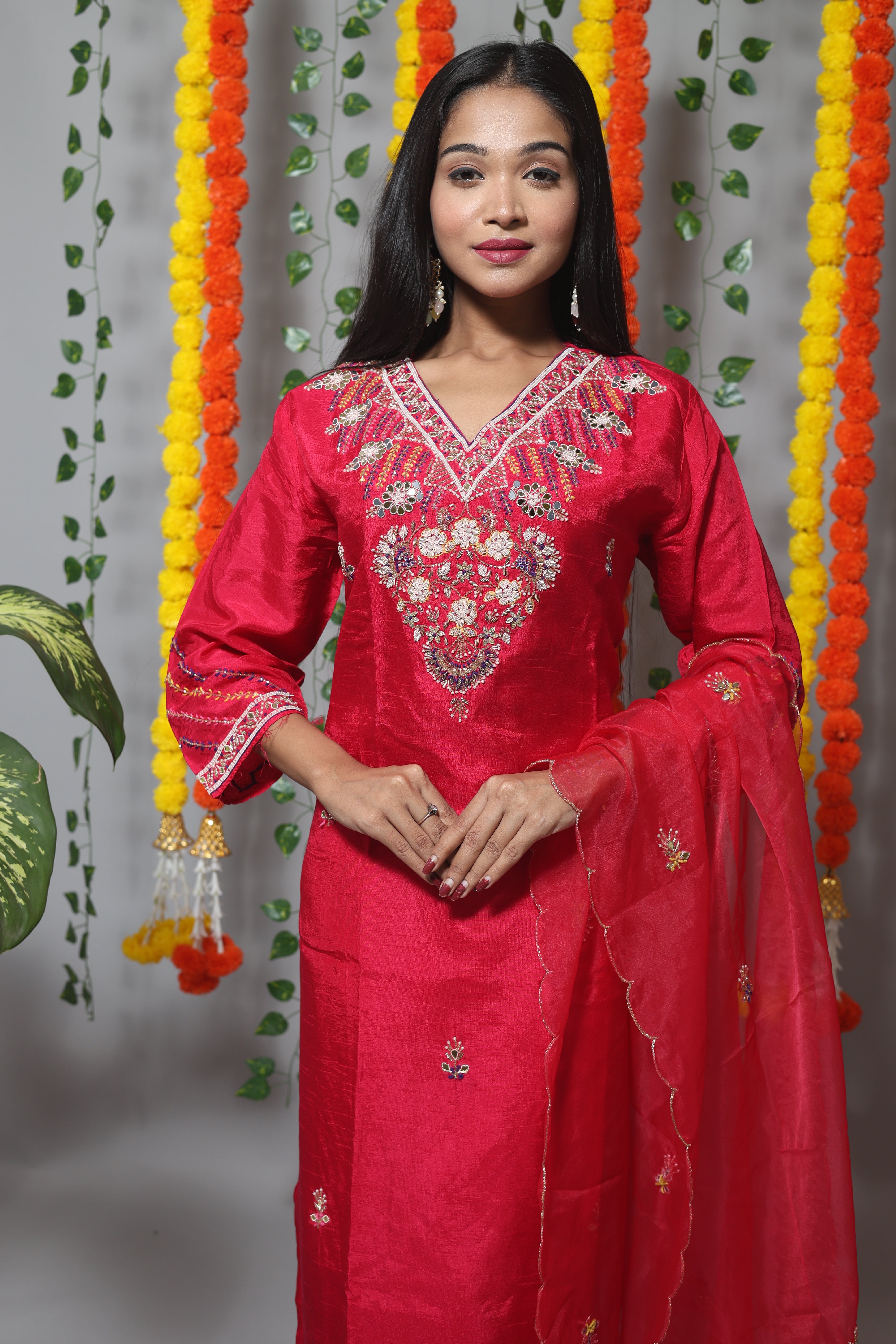 Cherry Red Dola Silk Jardosi Work Suit Set