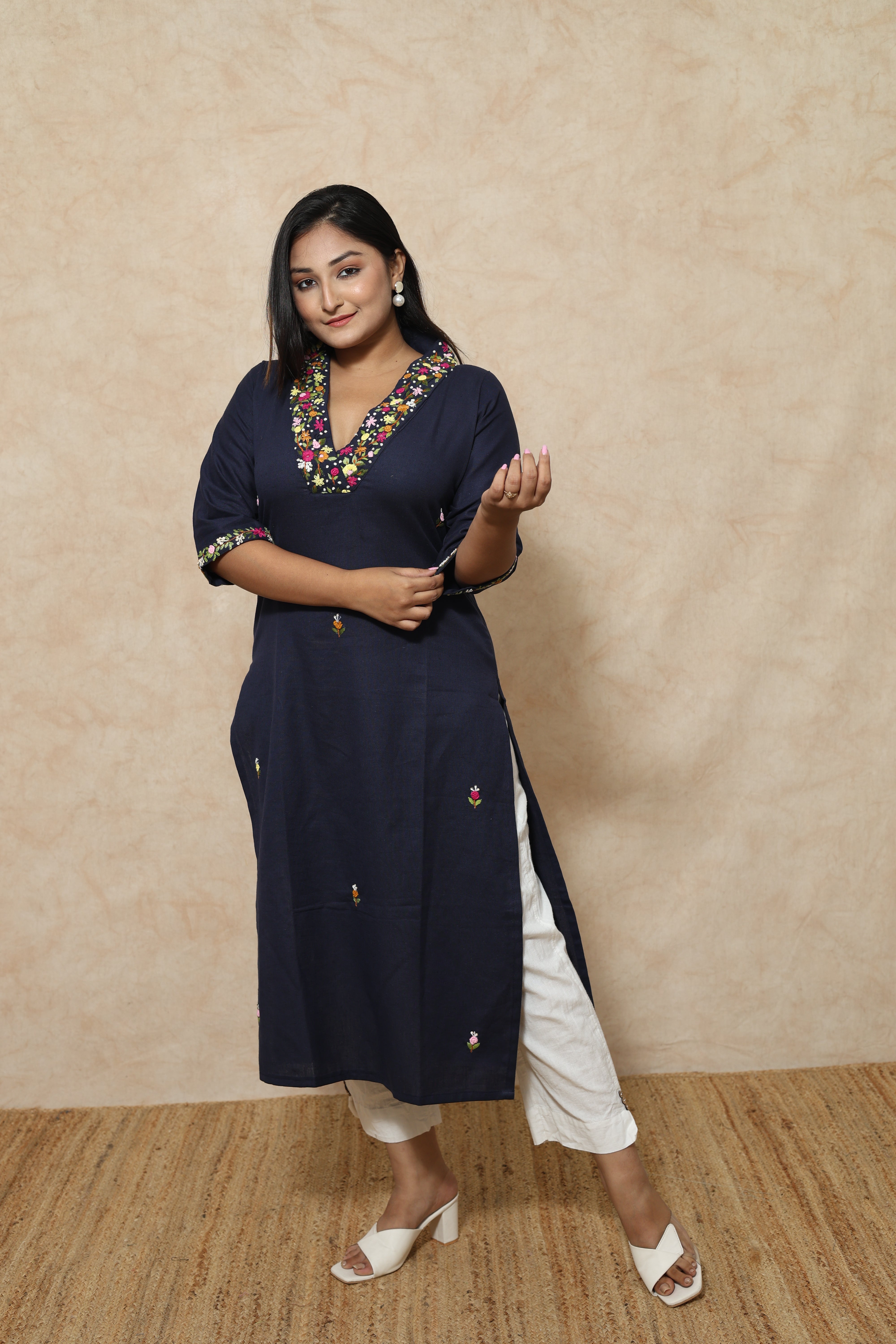 Mid Night Blue Cotton Hand Embroidery Kurta