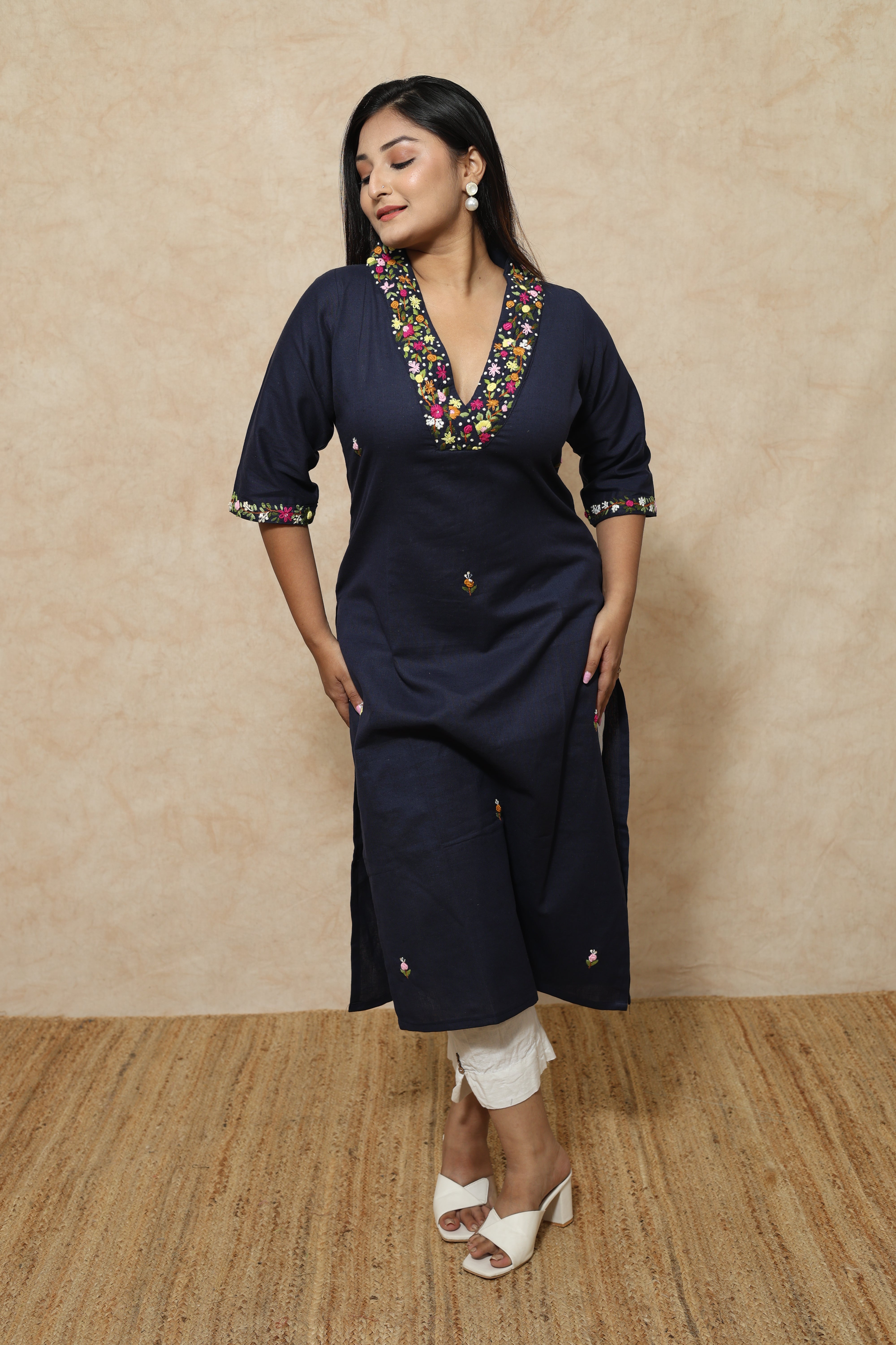 Mid Night Blue Cotton Hand Embroidery Kurta