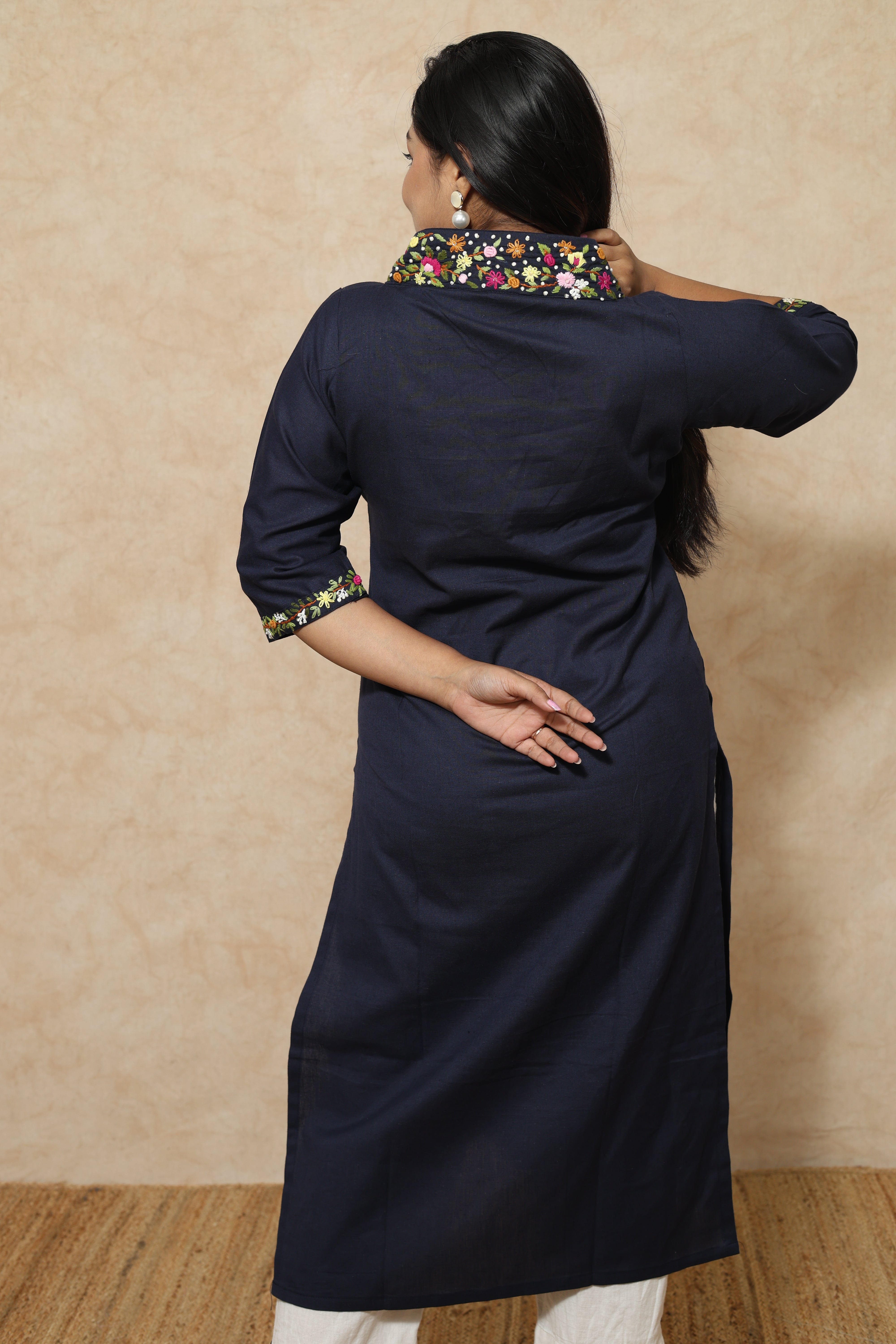 Mid Night Blue Cotton Hand Embroidery Kurta
